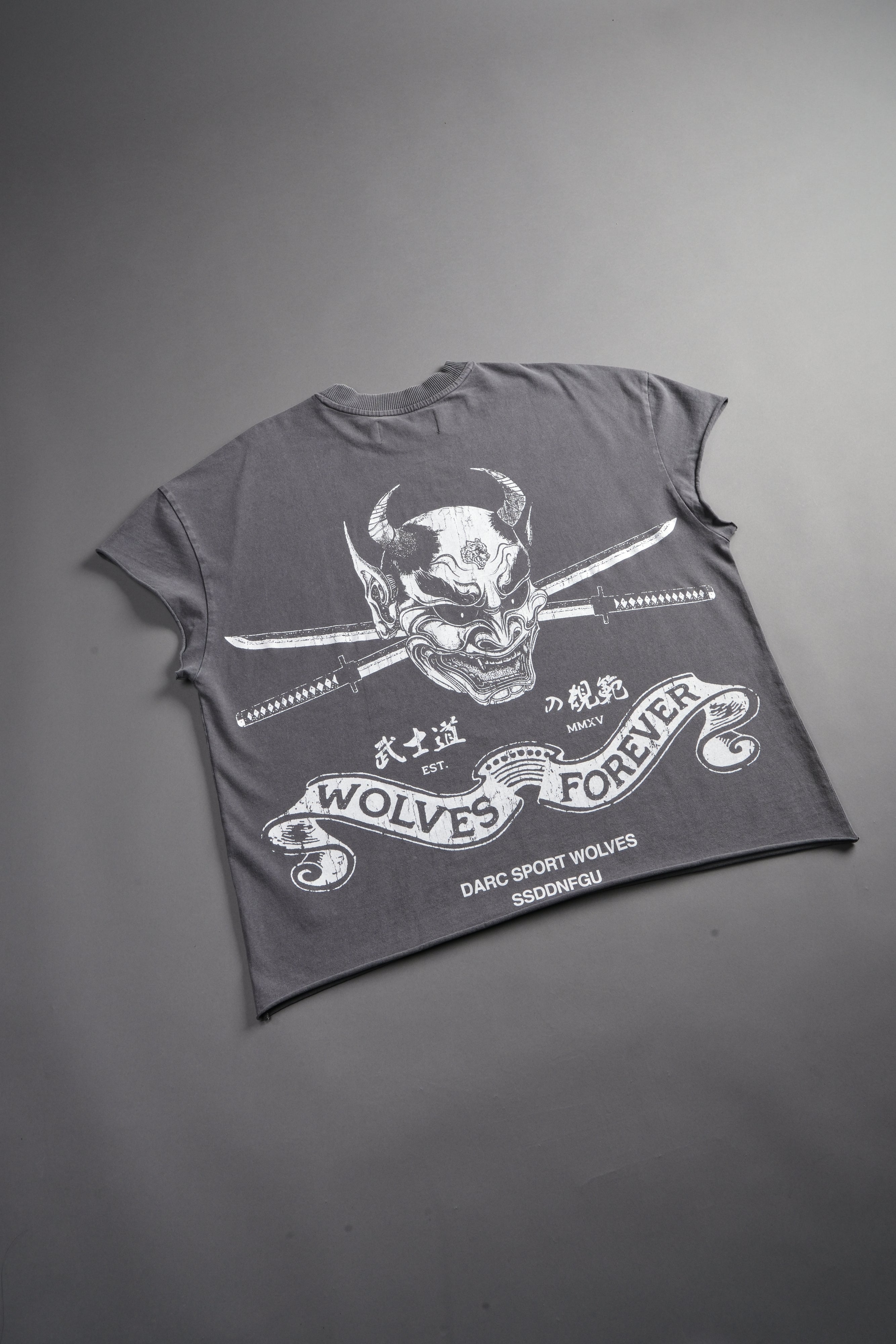 Steel Code Grunge Mid Length Raw Hem Cap Sleeve Tee in Slate Gray