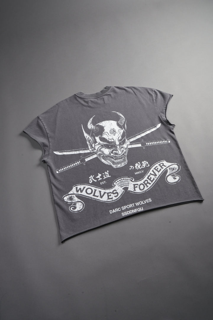 Steel Code Grunge Mid Length Raw Hem Cap Sleeve Tee in Slate Gray