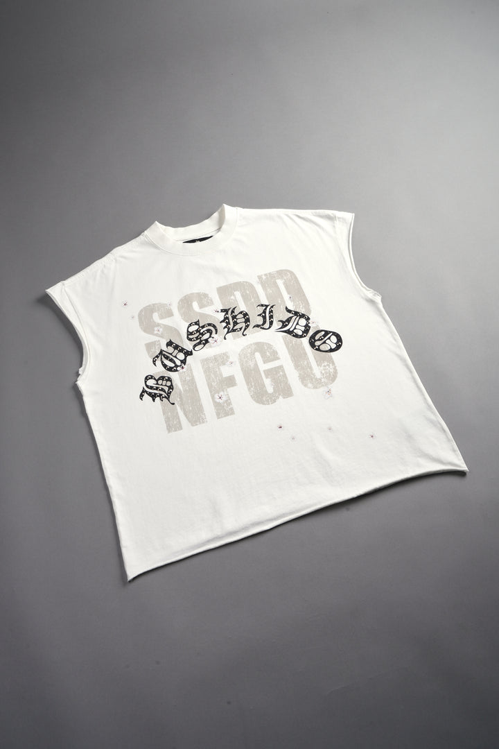 Ssddnfgu Bushido Grunge Cut-Off Mid Length Raw Hem Tee in Cream