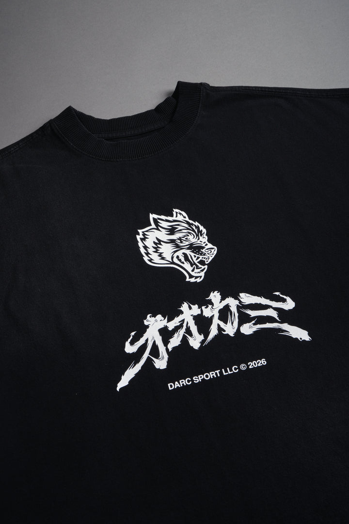 Okami Bushido Grunge Cut-Off Mid Length Raw Hem Tee in Black Sun Fade