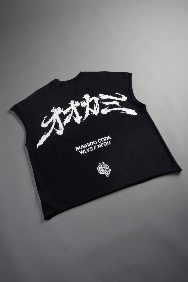 Okami Bushido Grunge Cut-Off Mid Length Raw Hem Tee in Black Sun Fade