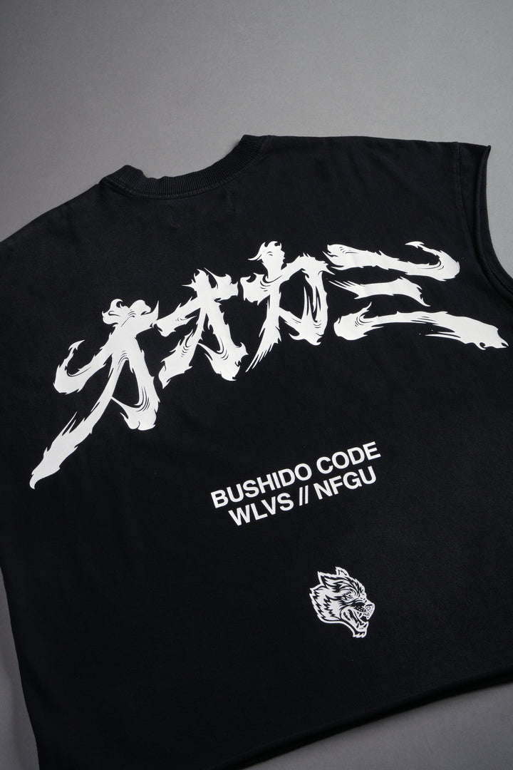 Okami Bushido Grunge Cut-Off Mid Length Raw Hem Tee in Black Sun Fade
