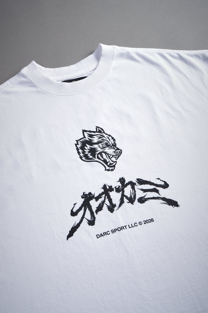 Okami Bushido Grunge Cut-Off Mid Length Raw Hem Tee in White