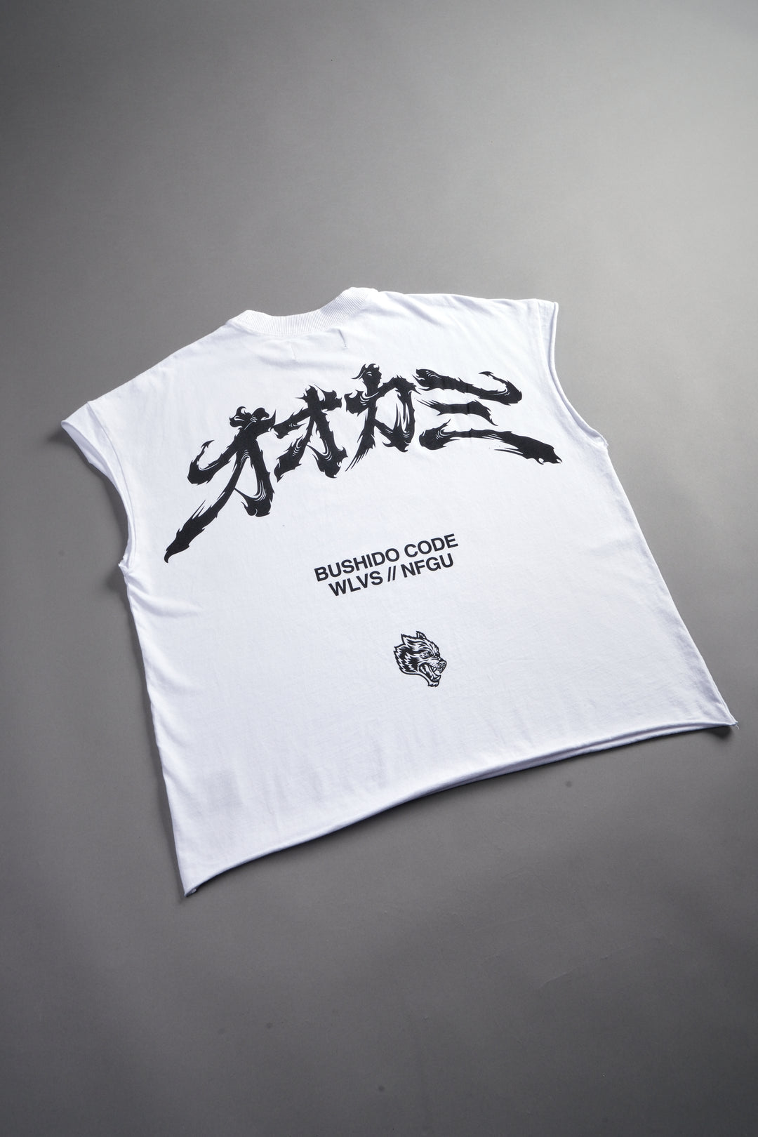 Okami Bushido Grunge Cut-Off Mid Length Raw Hem Tee in White