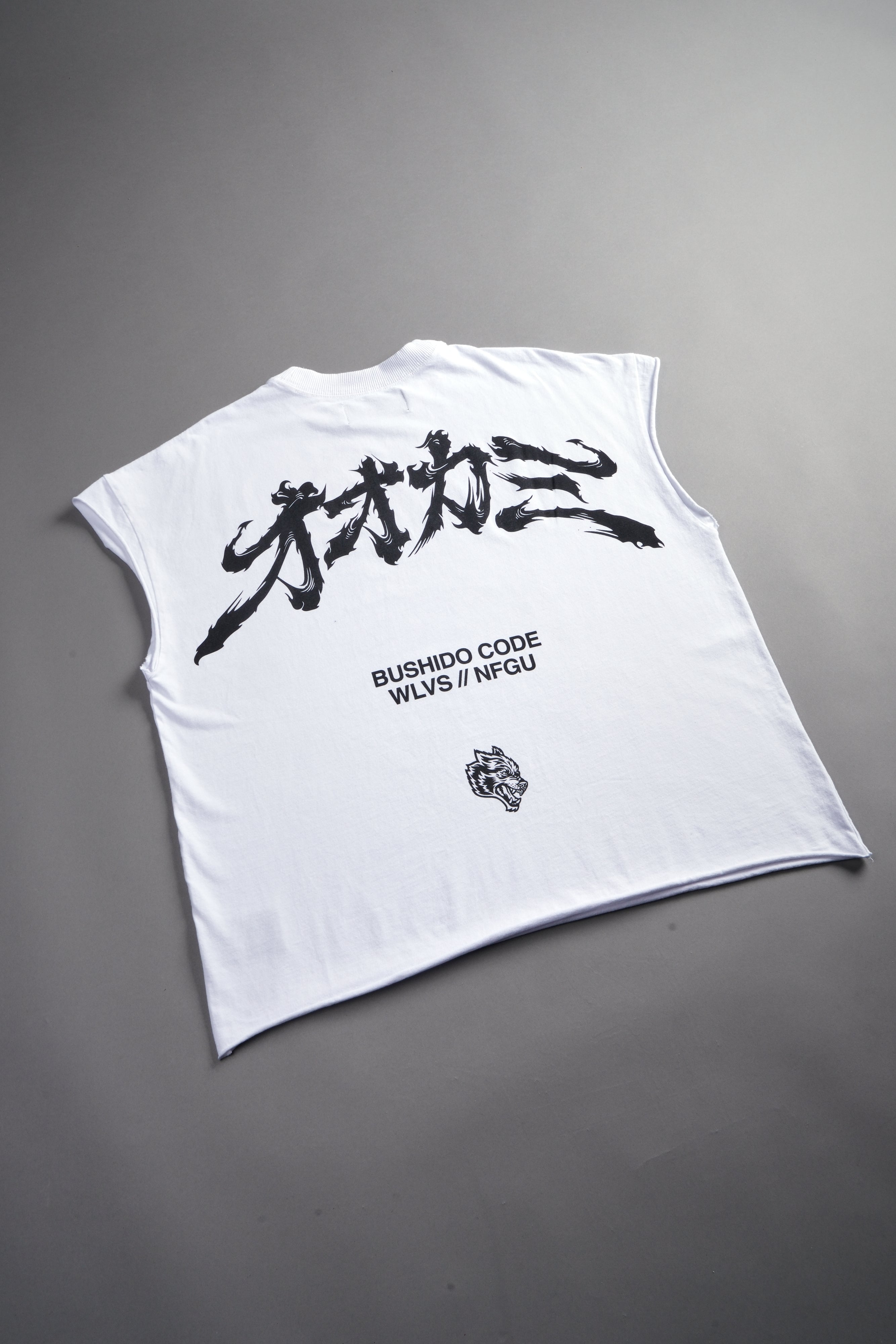 Okami Bushido Grunge Cut-Off Mid Length Raw Hem Tee in White