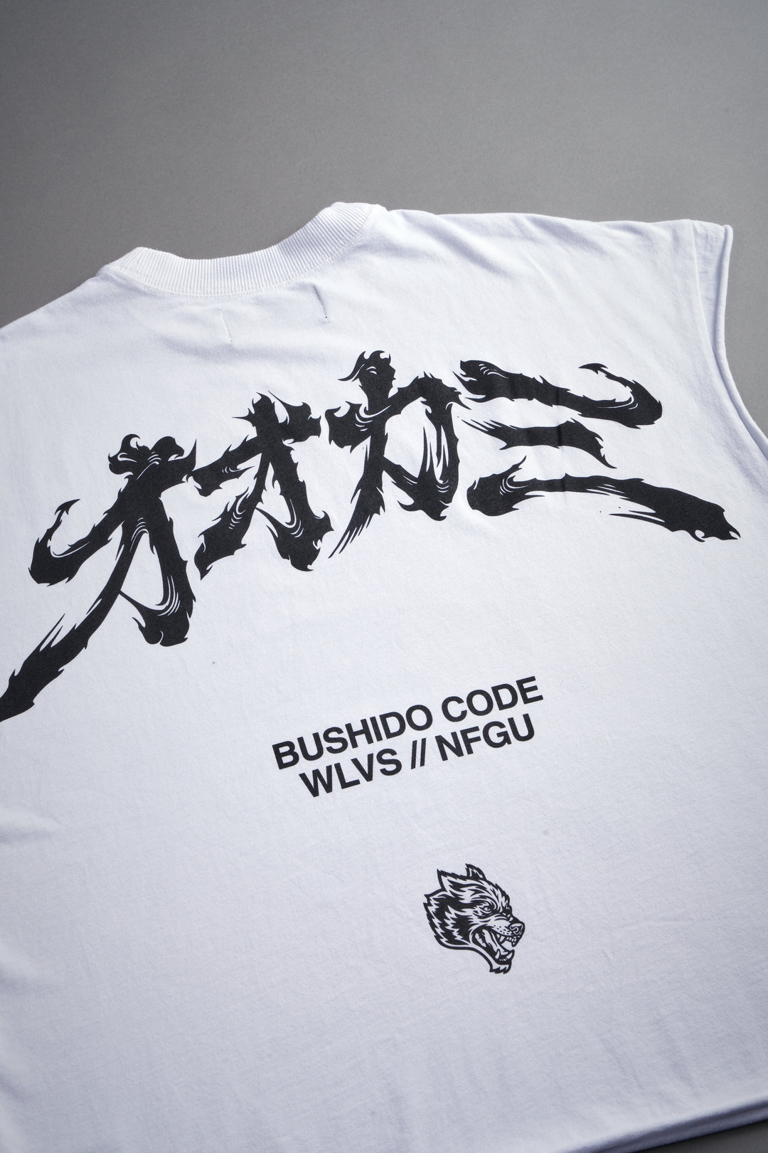 Okami Bushido Grunge Cut-Off Mid Length Raw Hem Tee in White