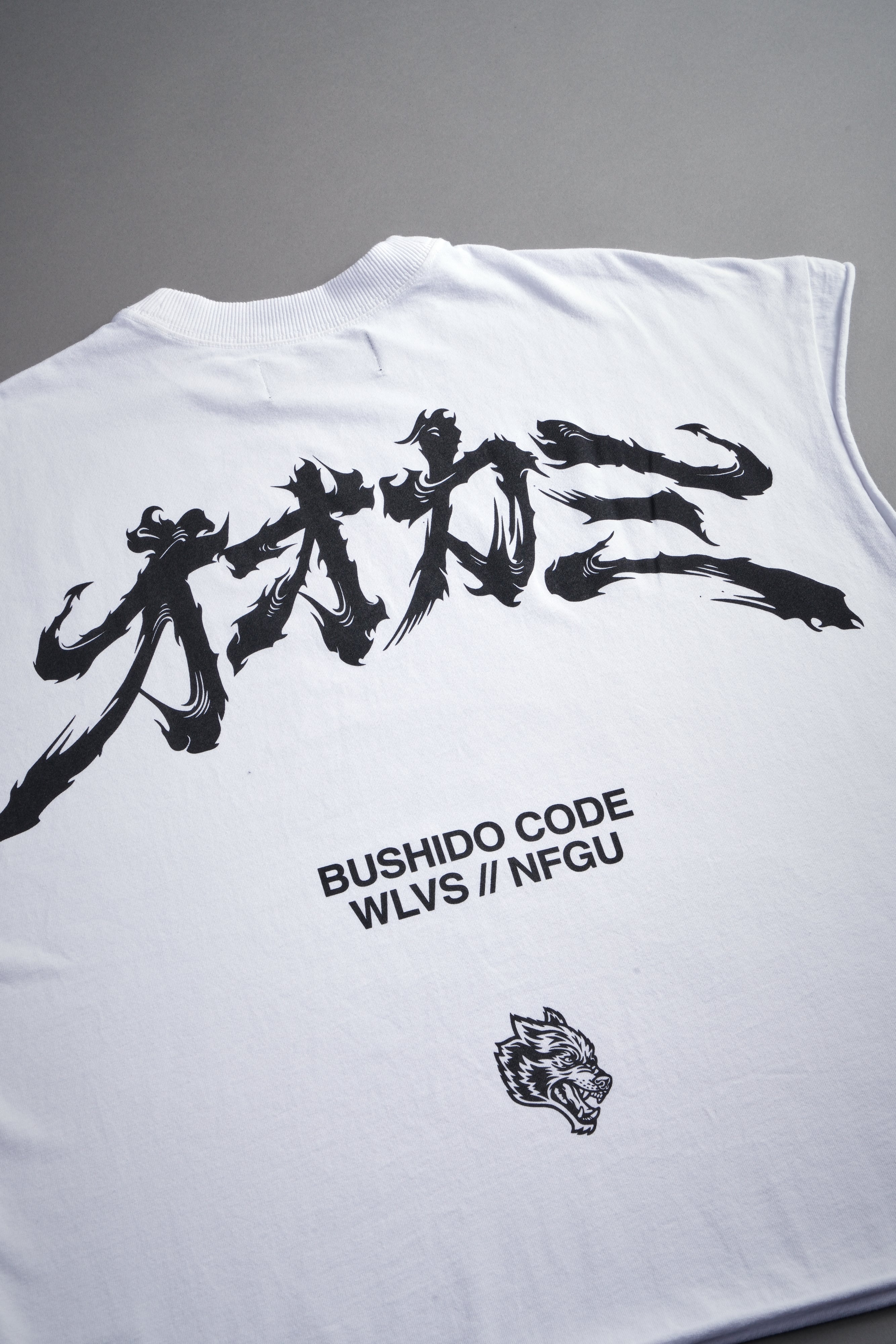 Okami Bushido Grunge Cut-Off Mid Length Raw Hem Tee in White