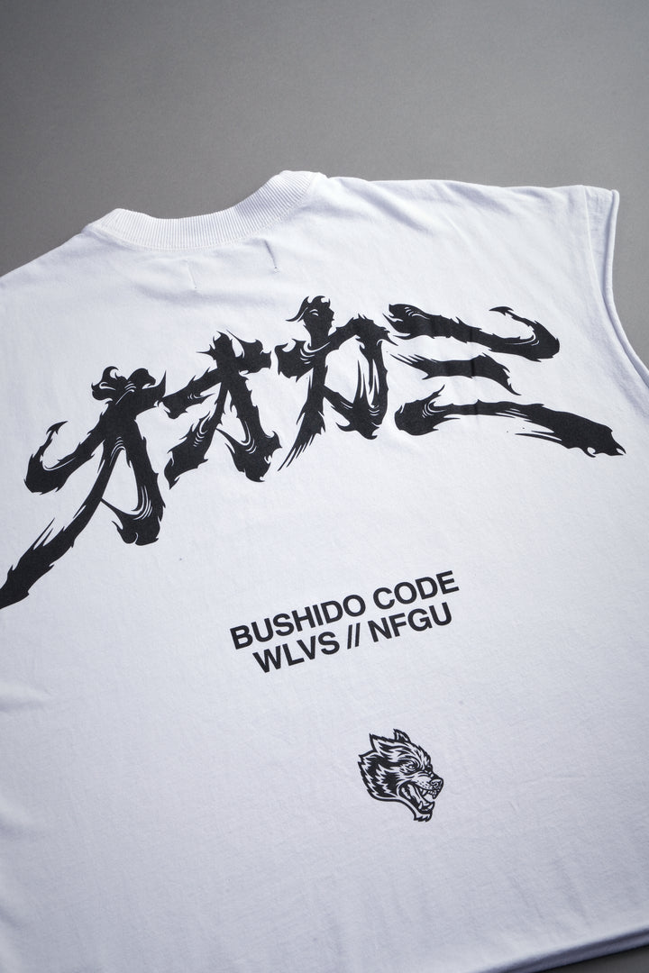 Okami Bushido Grunge Cut-Off Mid Length Raw Hem Tee in White
