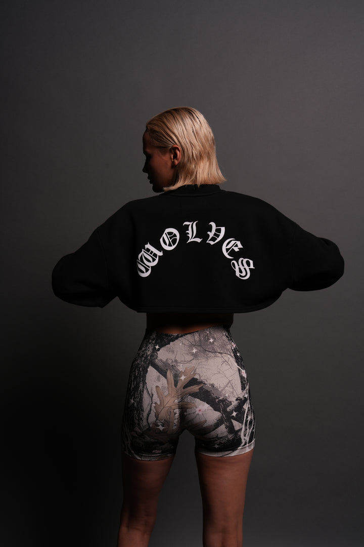 Wolves Mantra "Willow" Cropped Crewneck in Black