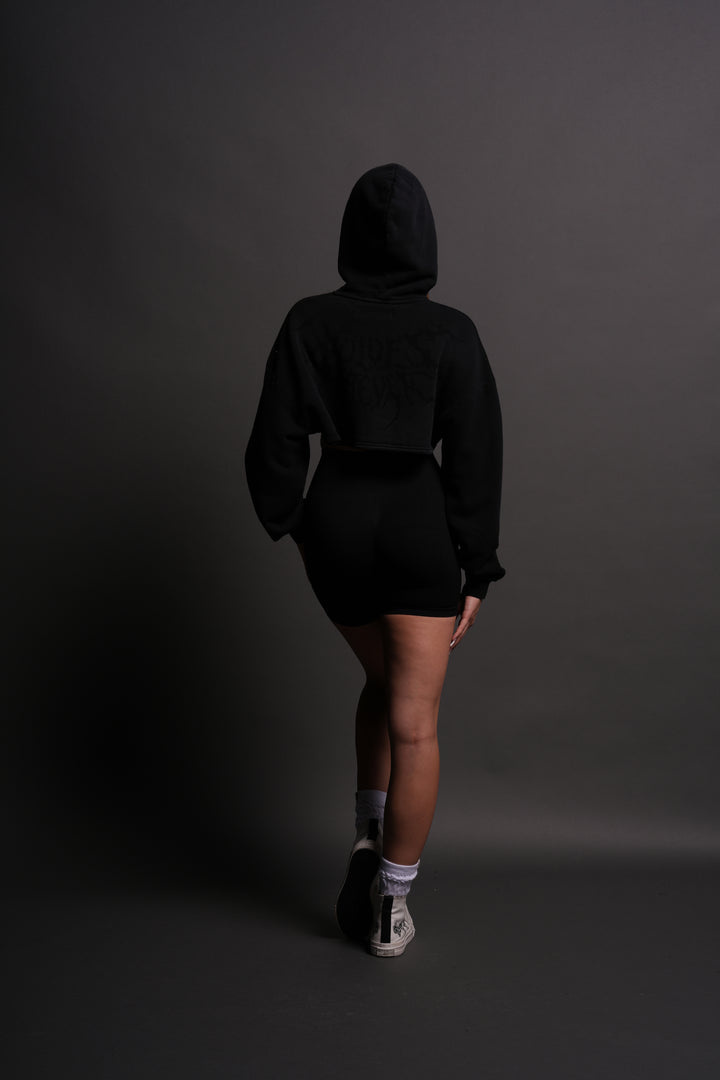 Forged From Iron "Willow" Cropped Hoodie in Black Spine Sun Fade