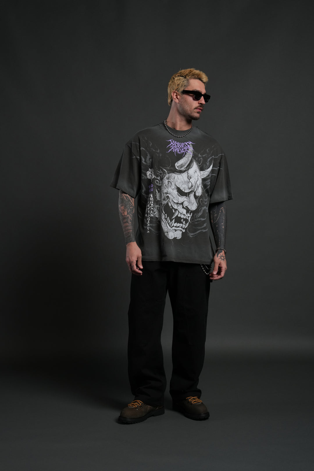 Hannya Inferno "Premium" Oversized Tee in Wolf Gray Sun Fade