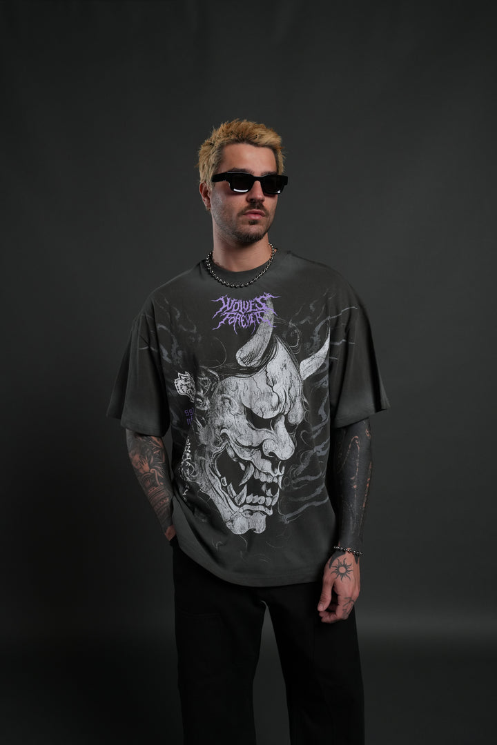 Hannya Inferno "Premium" Oversized Tee in Wolf Gray Sun Fade