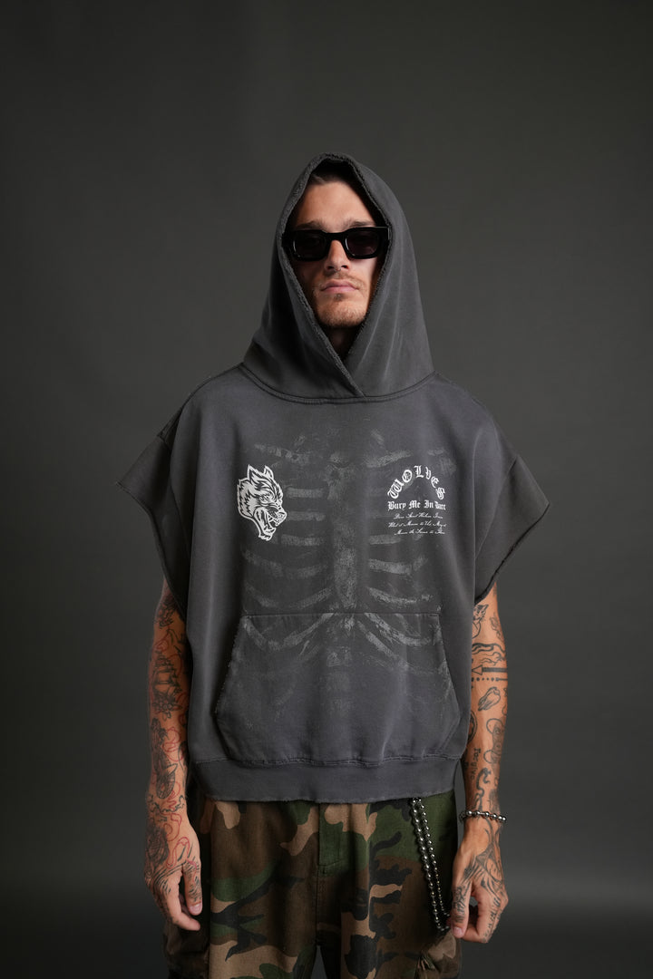 Bones Destroyed Grunge Gage Cap Sleeve Hoodie in Wolf Gray Drift Wash