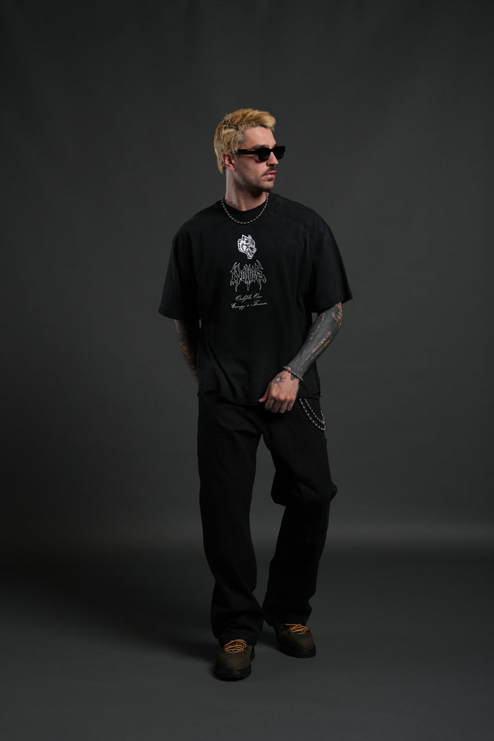 Mori Flames Distressed Grunge Tee in Black Drift Wash