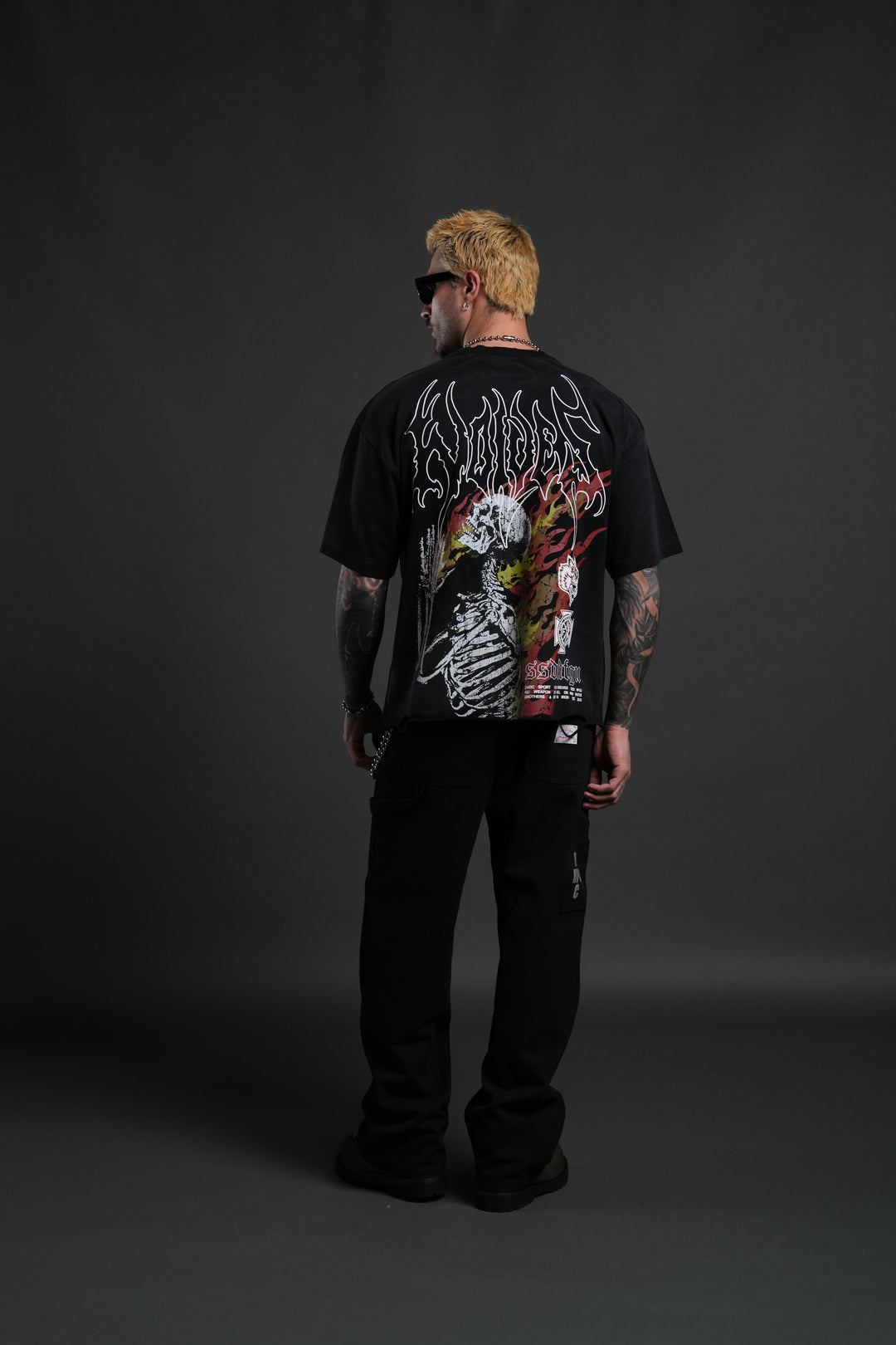 Mori Flames Distressed Grunge Tee in Black Drift Wash