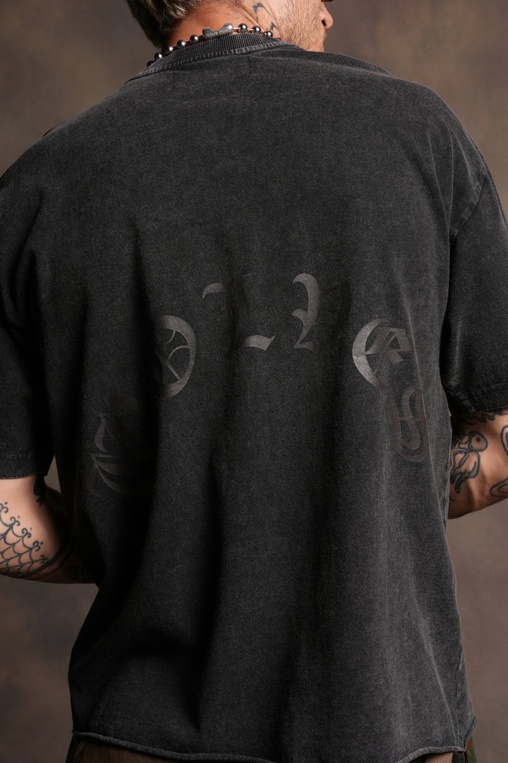 Shattered Bushido Grunge Mid Length Raw Hem Tee in Black