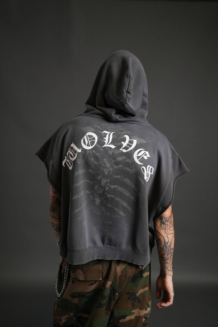 Bones Destroyed Grunge Gage Cap Sleeve Hoodie in Wolf Gray Drift Wash