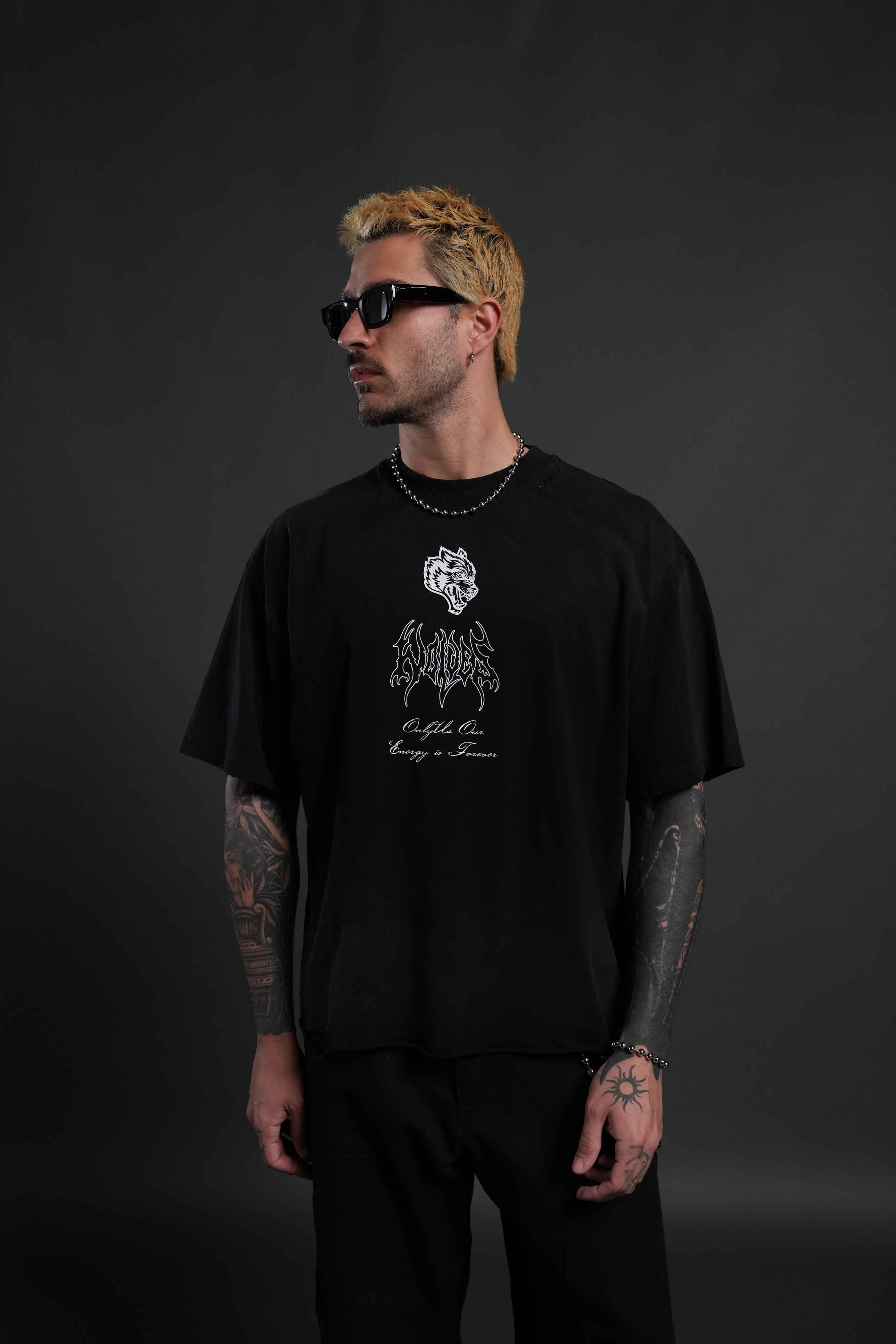 Mori Flames Distressed Grunge Tee in Black Drift Wash