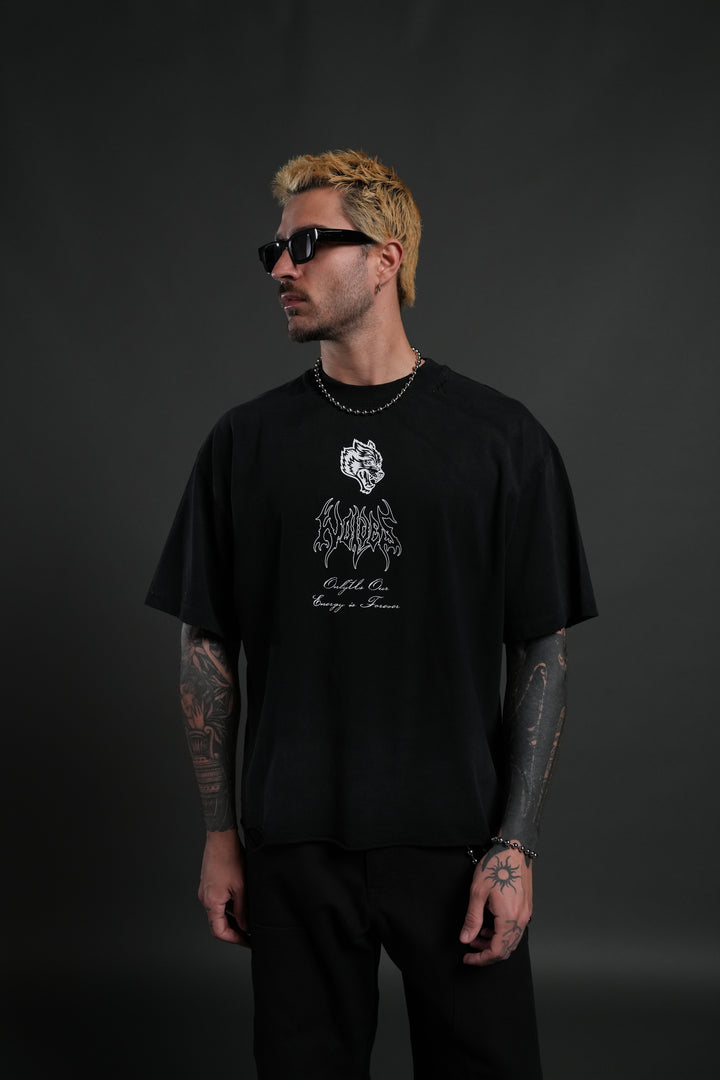 Mori Flames Distressed Grunge Tee in Black Drift Wash