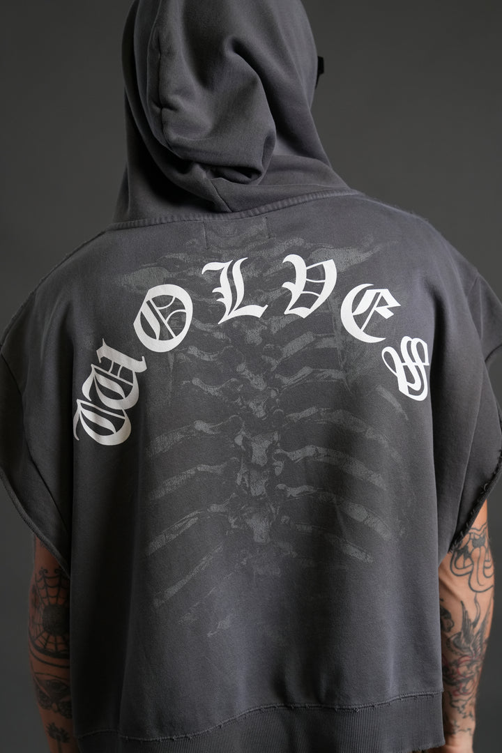 Bones Destroyed Grunge Gage Cap Sleeve Hoodie in Wolf Gray Drift Wash