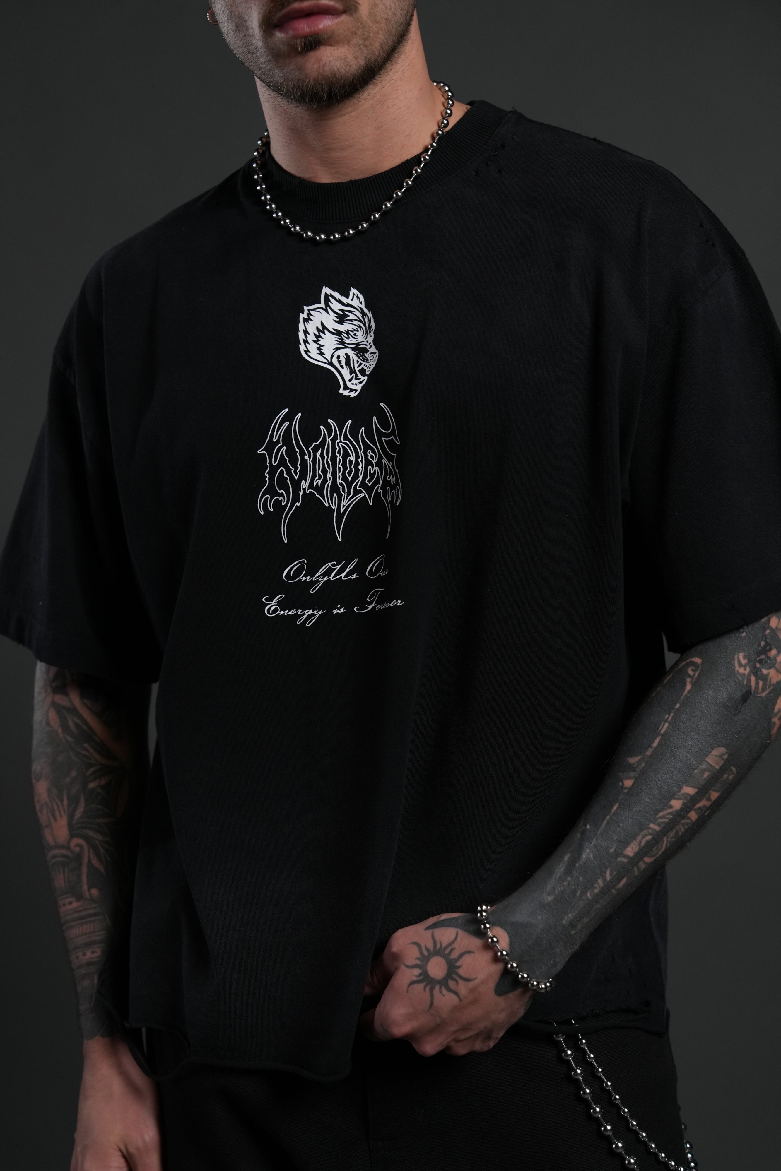 Mori Flames Distressed Grunge Tee in Black Drift Wash