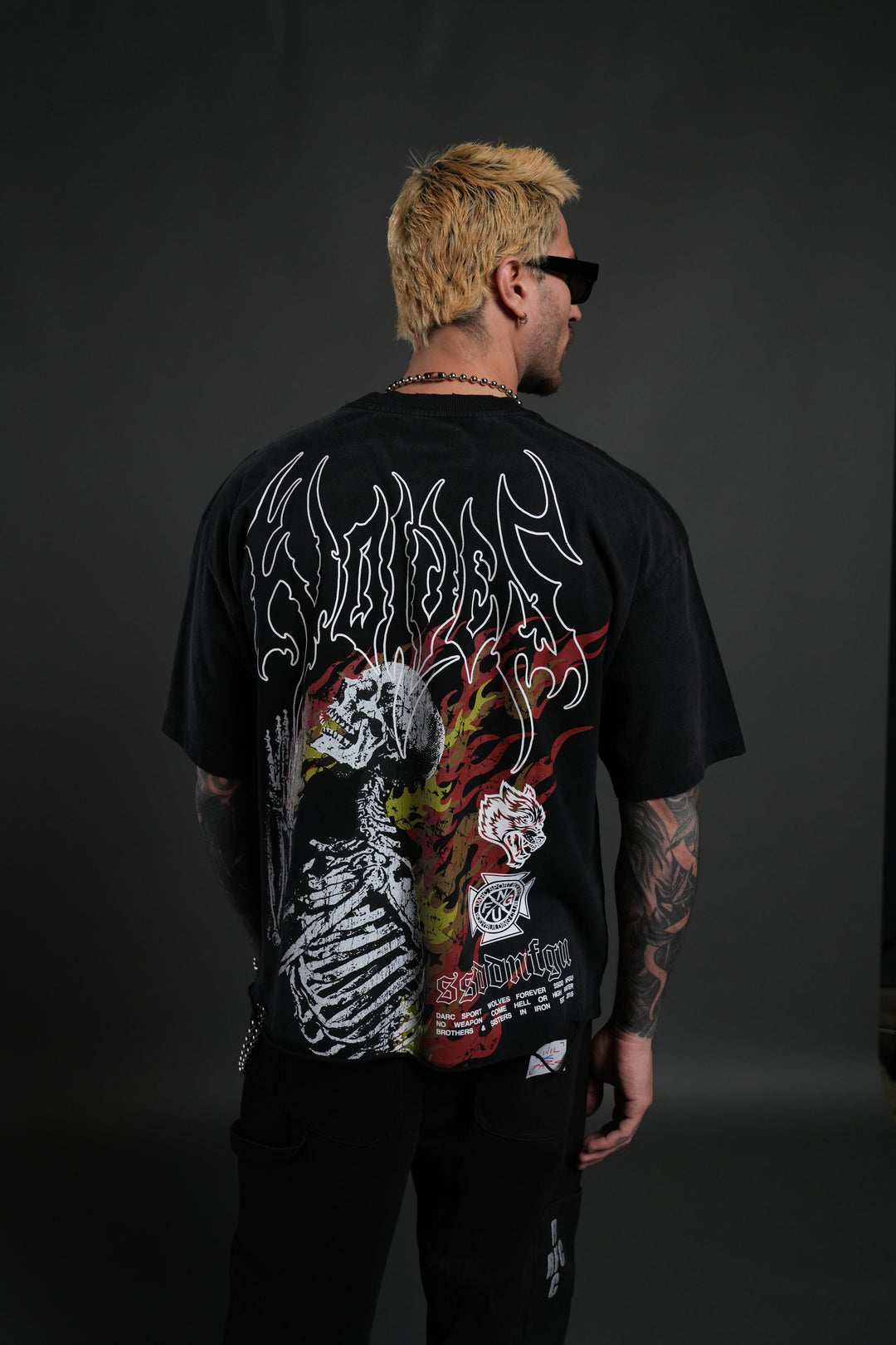 Mori Flames Distressed Grunge Tee in Black Drift Wash