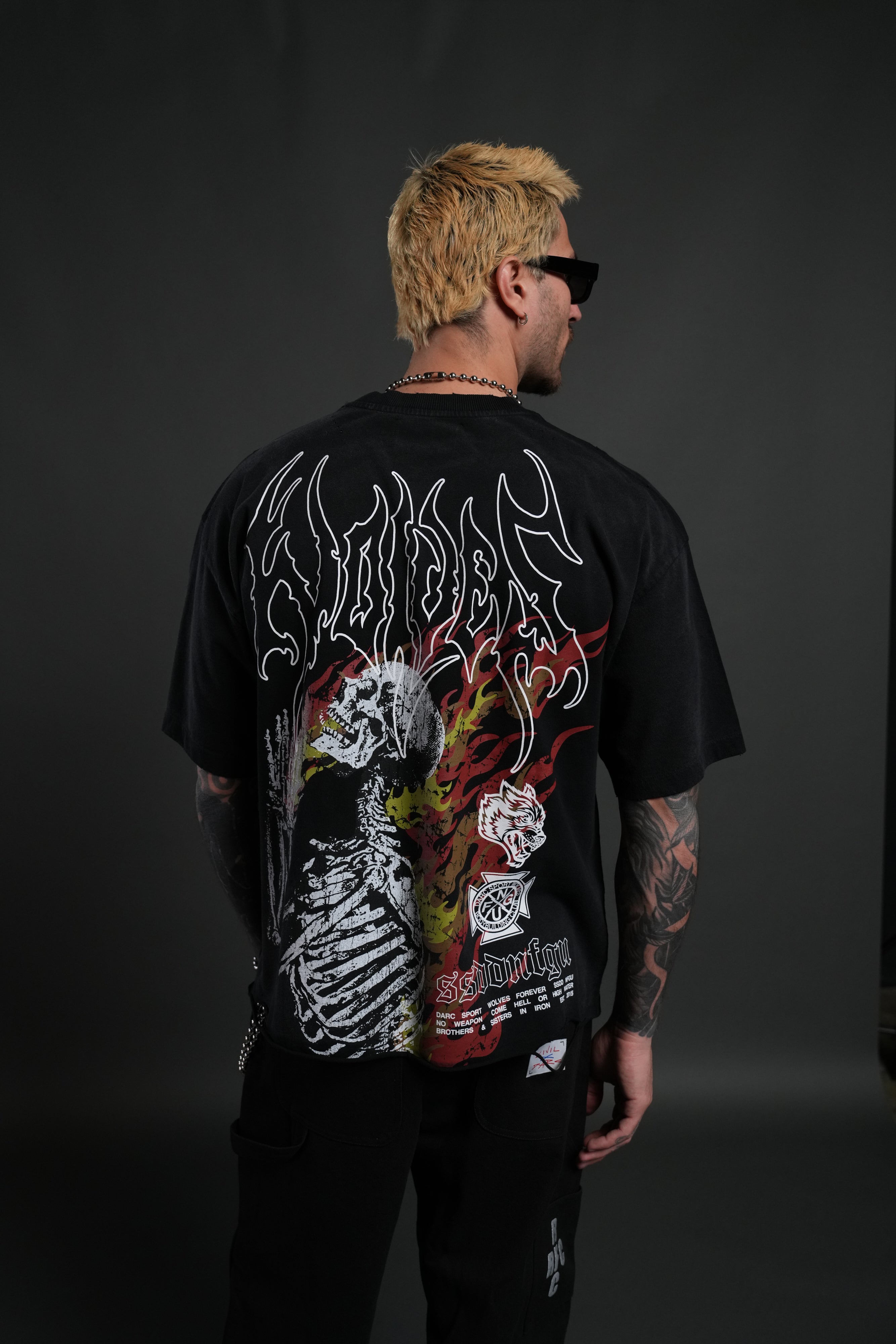 Mori Flames Distressed Grunge Tee in Black Drift Wash