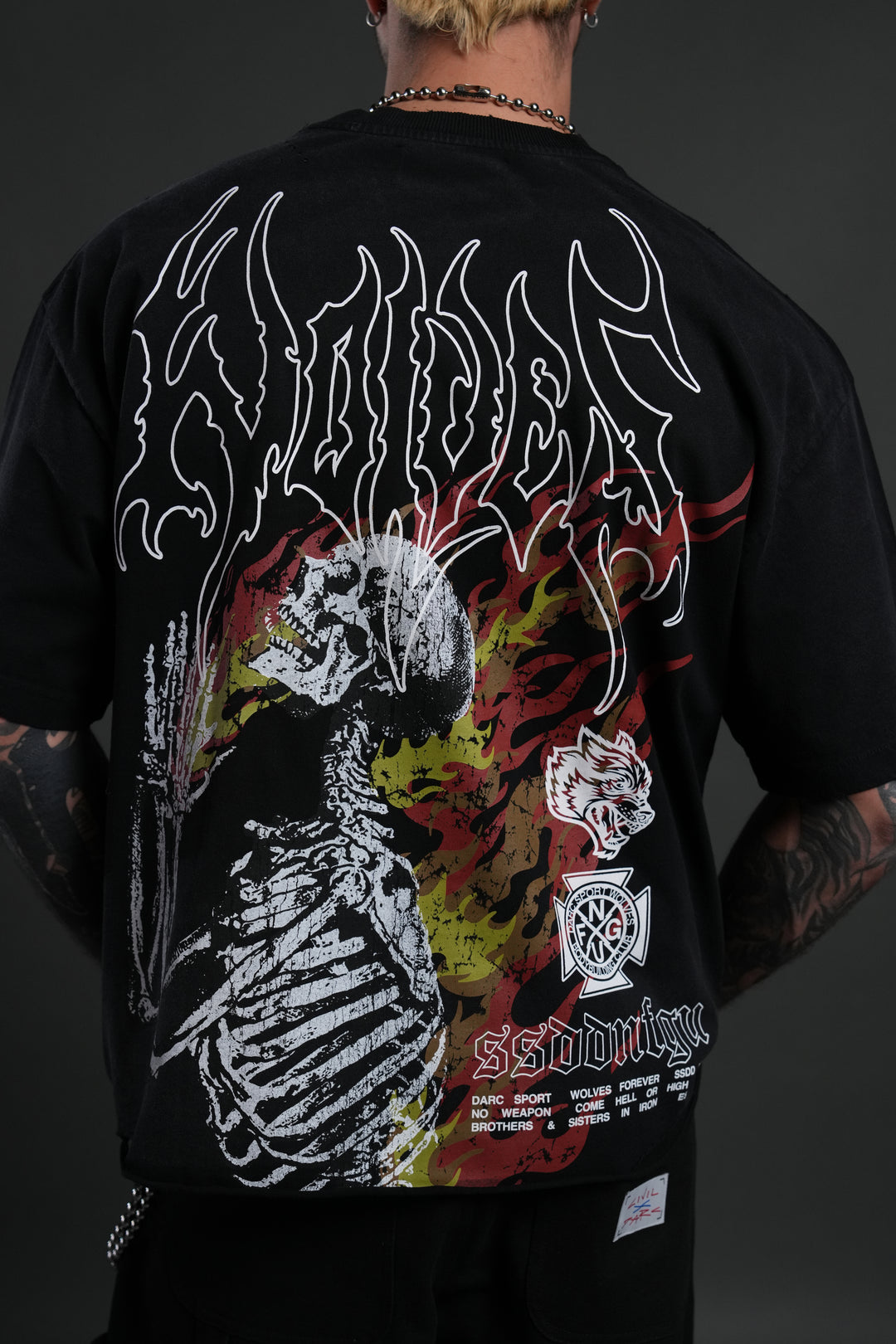 Mori Flames Distressed Grunge Tee in Black Drift Wash