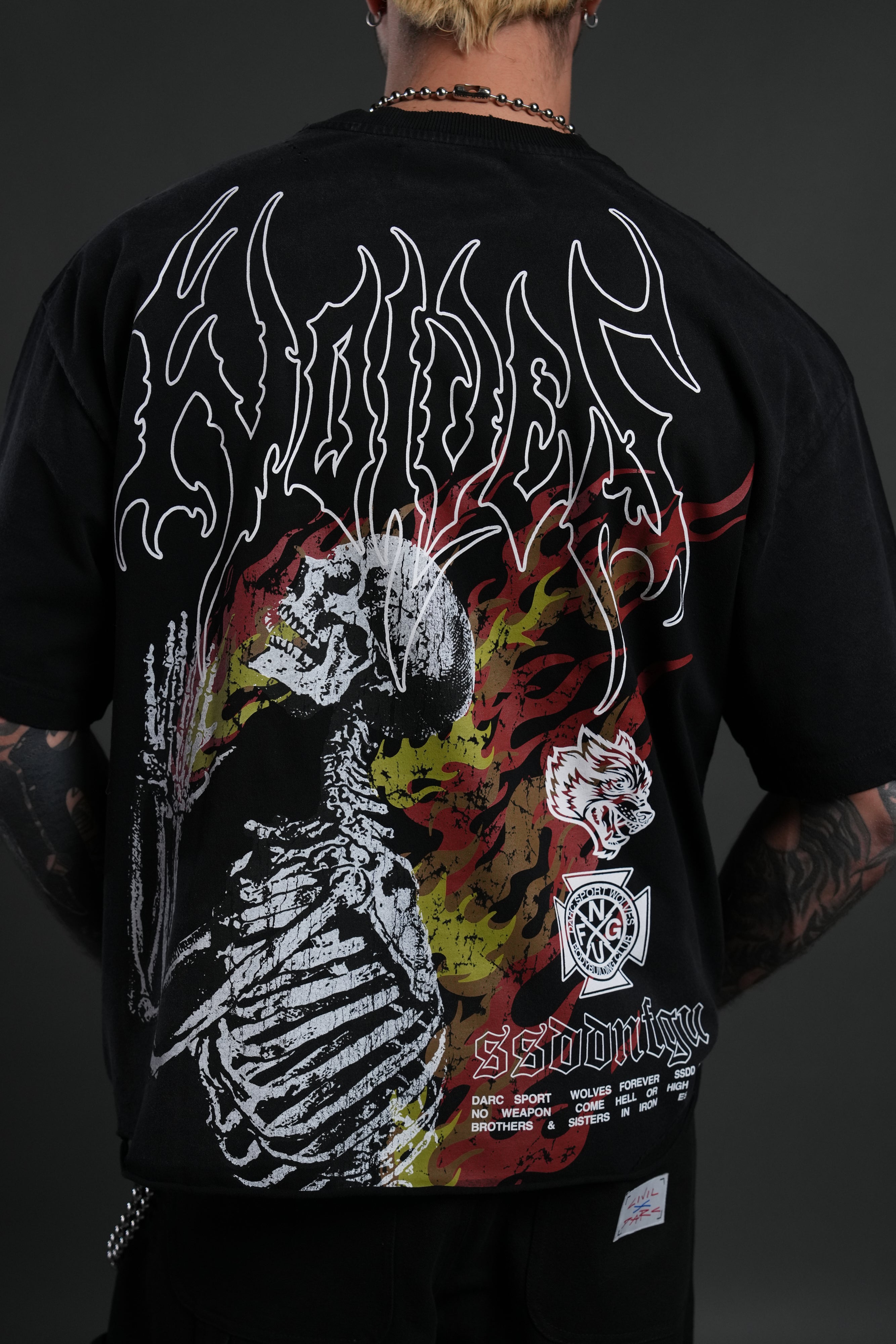 Mori Flames Distressed Grunge Tee in Black Drift Wash