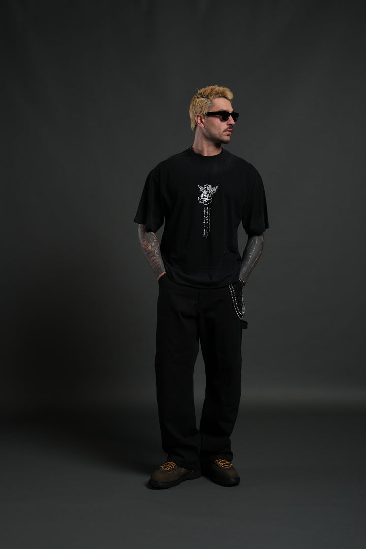 Mi Corazon Distressed Grunge Tee in Black Drift Wash