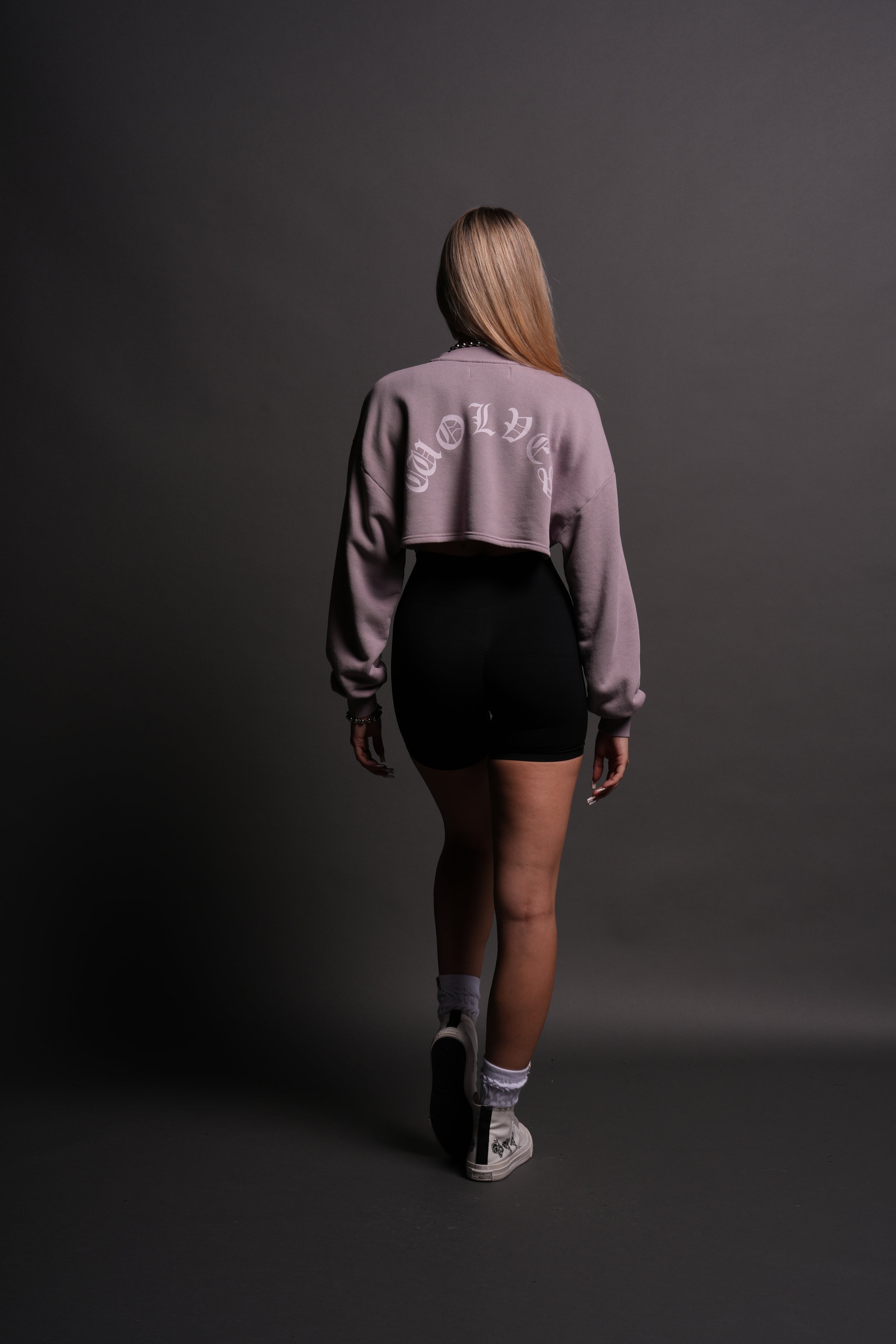 Wolves Mantra "Willow" Cropped Crewneck in Purple Smoke