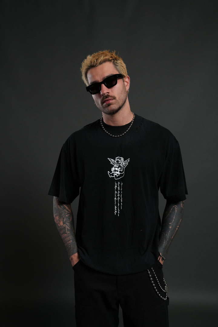 Mi Corazon Distressed Grunge Tee in Black Drift Wash