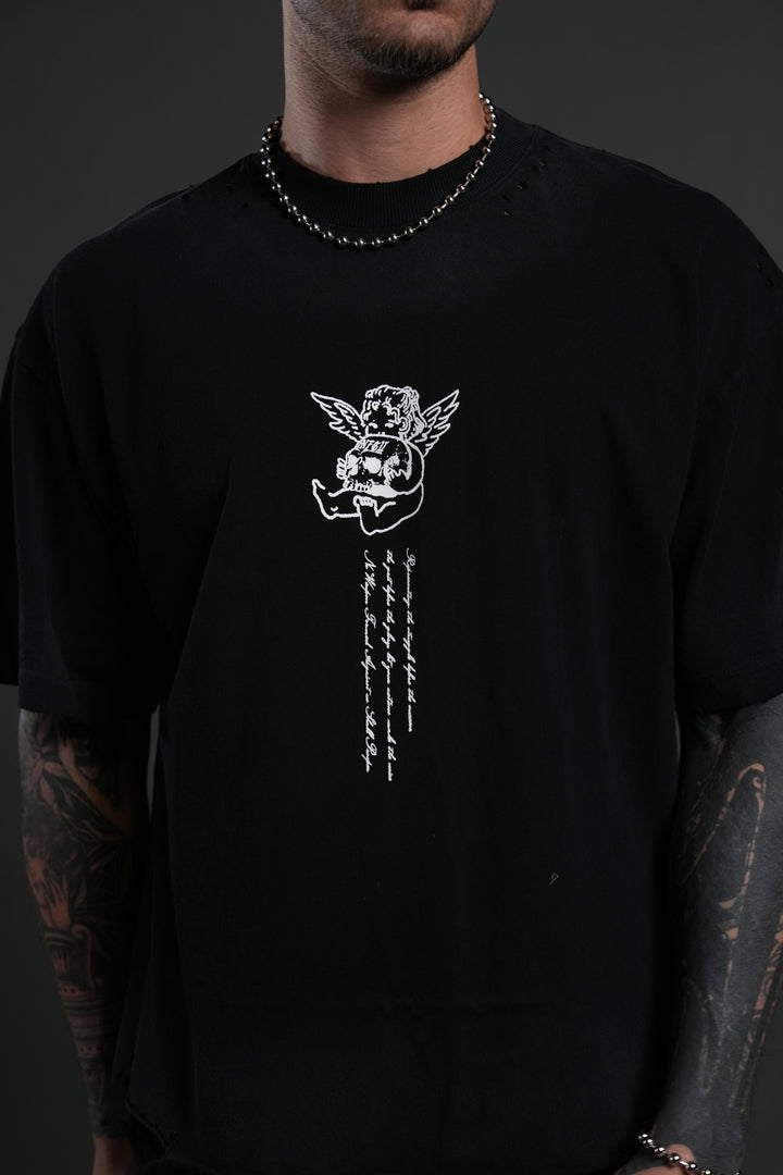 Mi Corazon Distressed Grunge Tee in Black Drift Wash