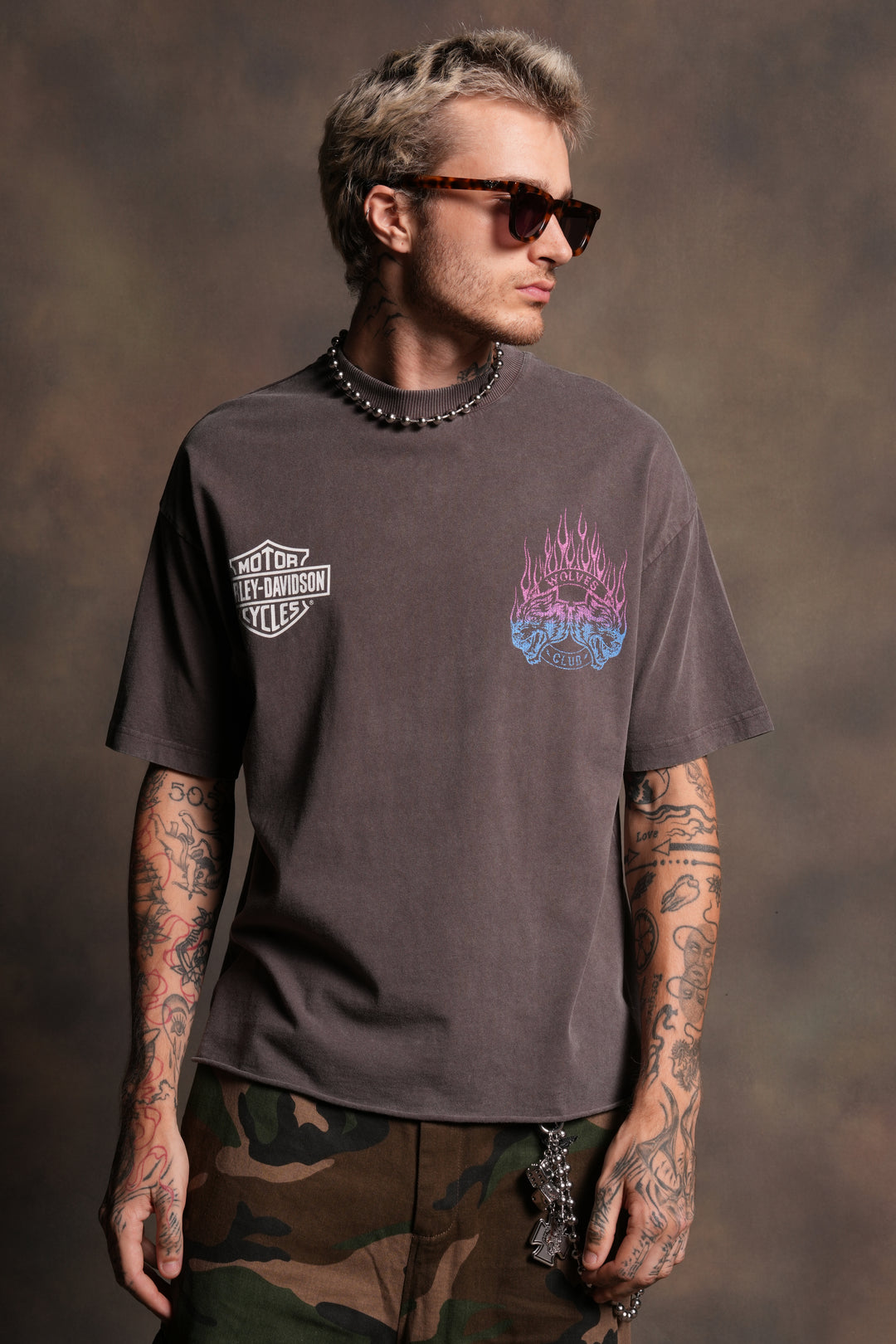 Rising Sun Grunge Mid Length Raw Hem Tee in Darc Brown