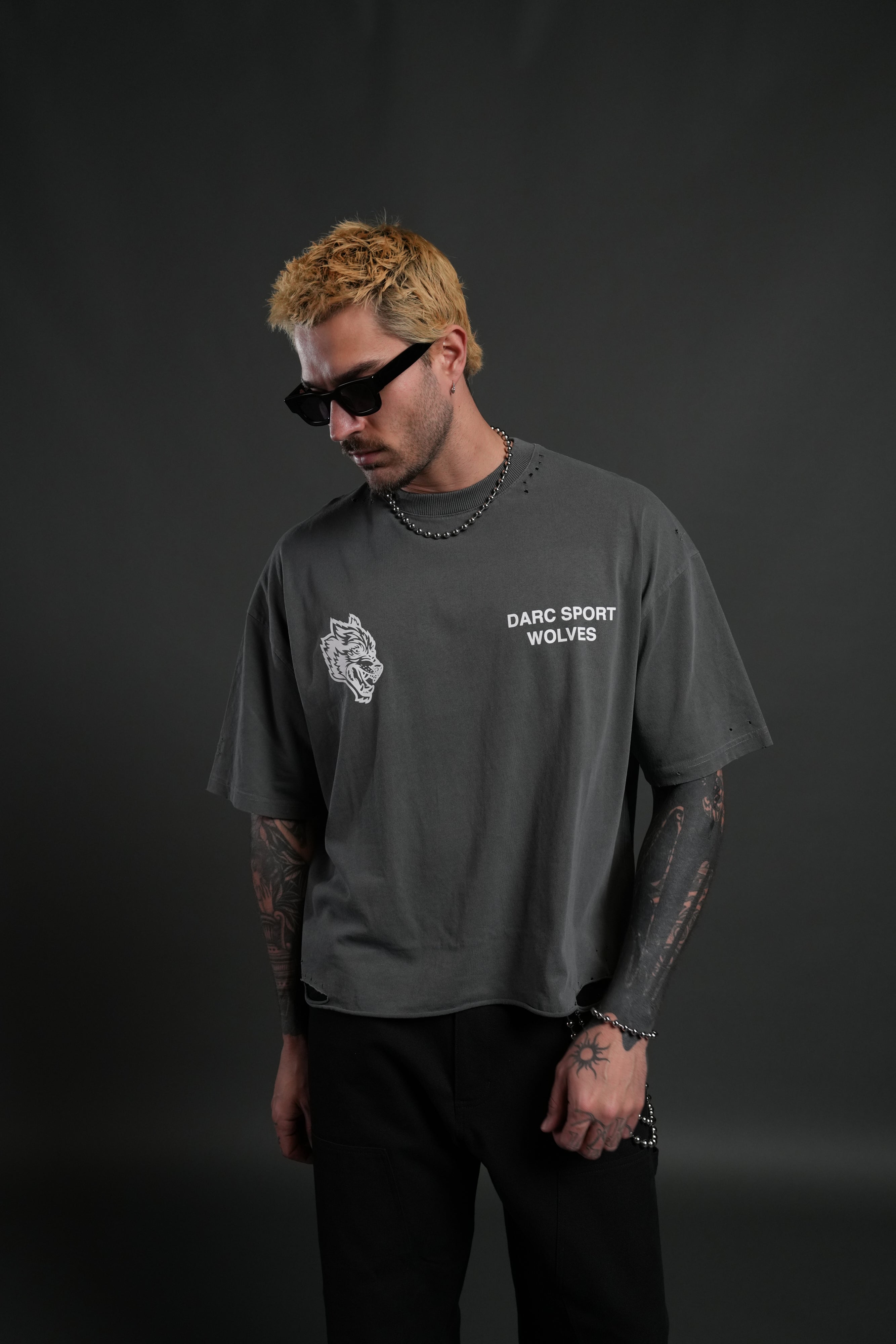 Sangrado Distressed Grunge "Box Cut" Tee in Slate Gray