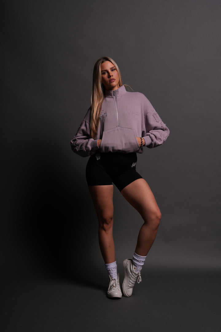Our Mantra Appliqué Oversized "Everson" Mockneck in Purple Smoke