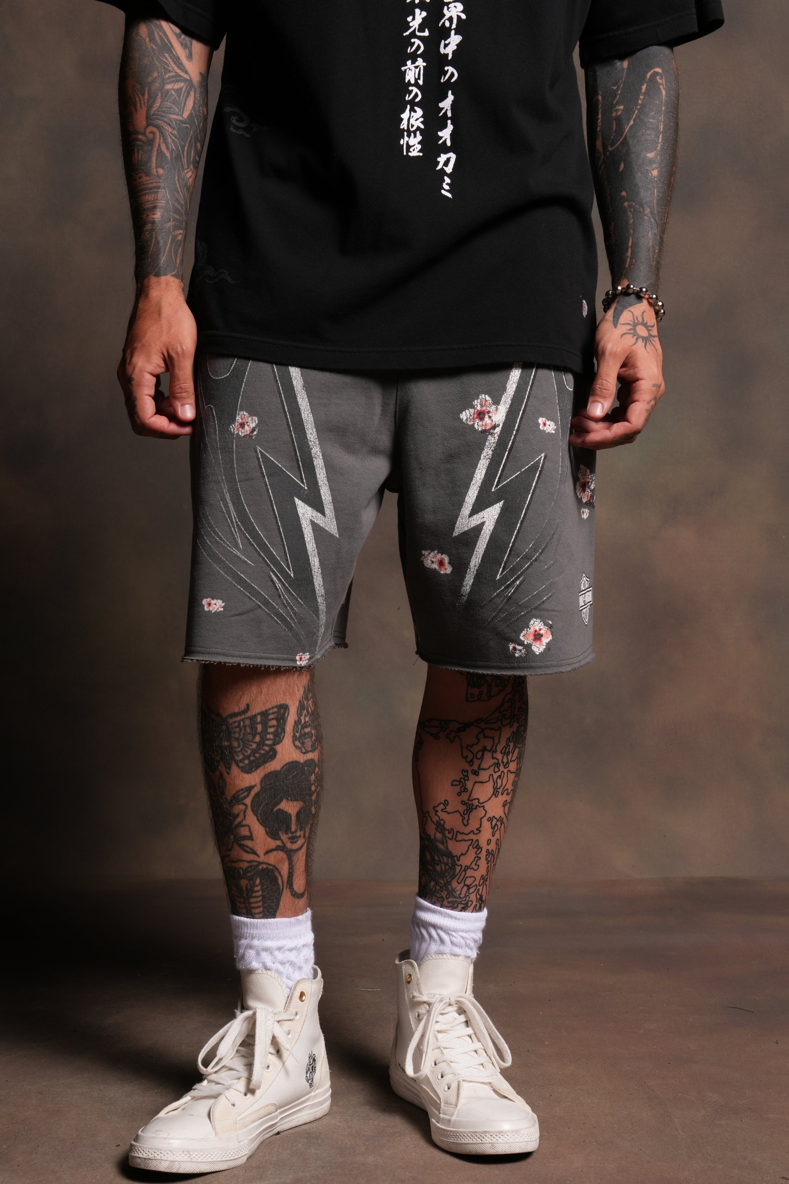 Iron Sakura Grunge Oversized Raw Hem Post Lounge Sweat Shorts in Slate Gray