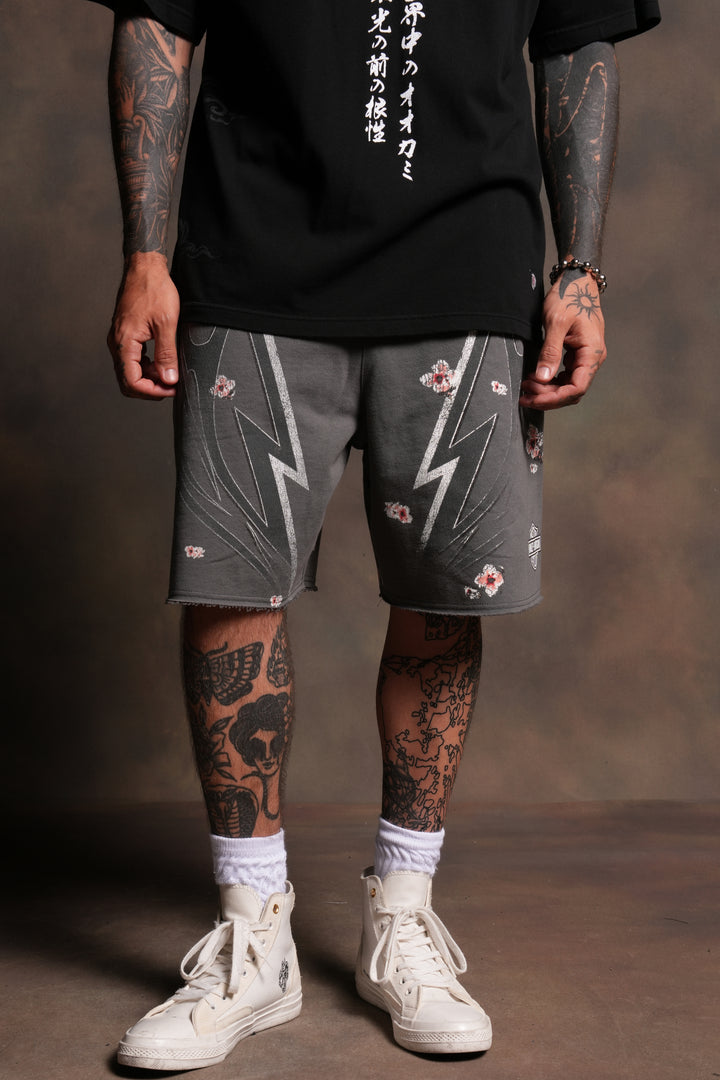 Iron Sakura Grunge Oversized Raw Hem Post Lounge Sweat Shorts in Slate Gray