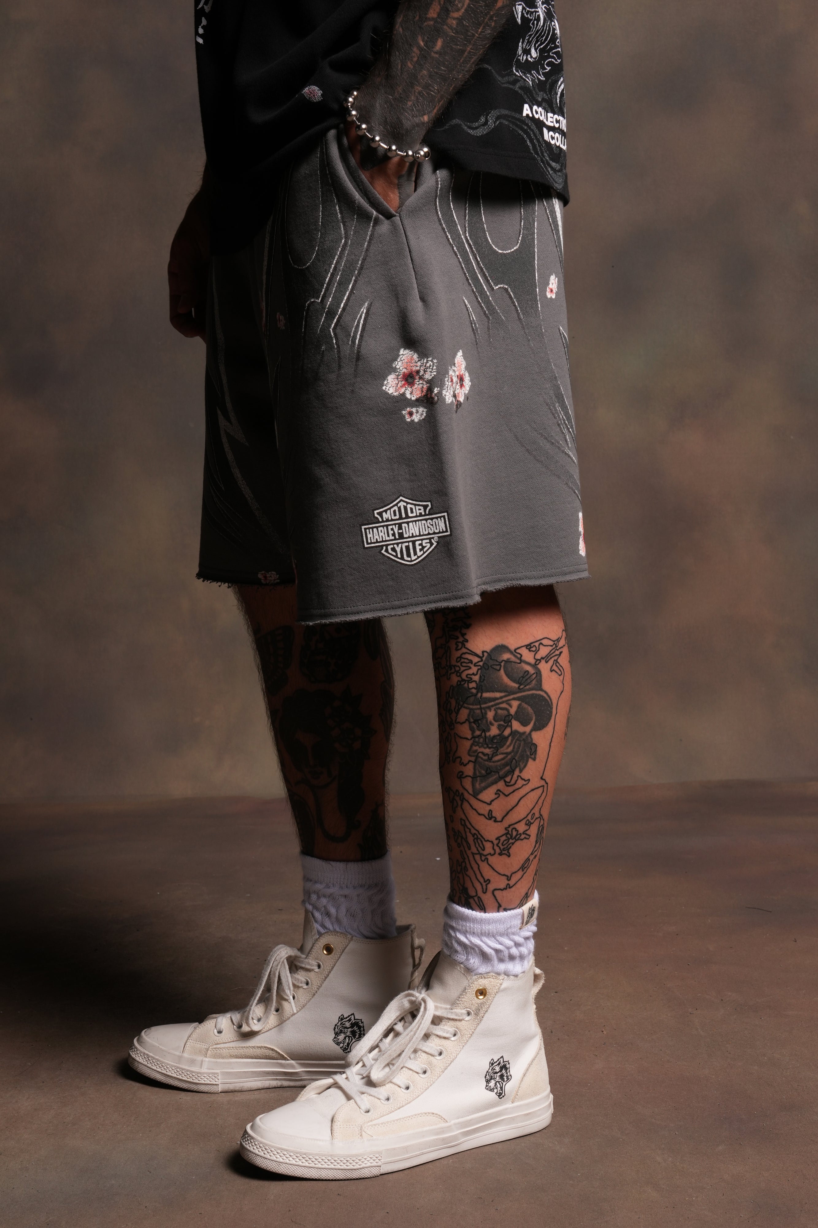 Iron Sakura Grunge Oversized Raw Hem Post Lounge Sweat Shorts in Slate Gray