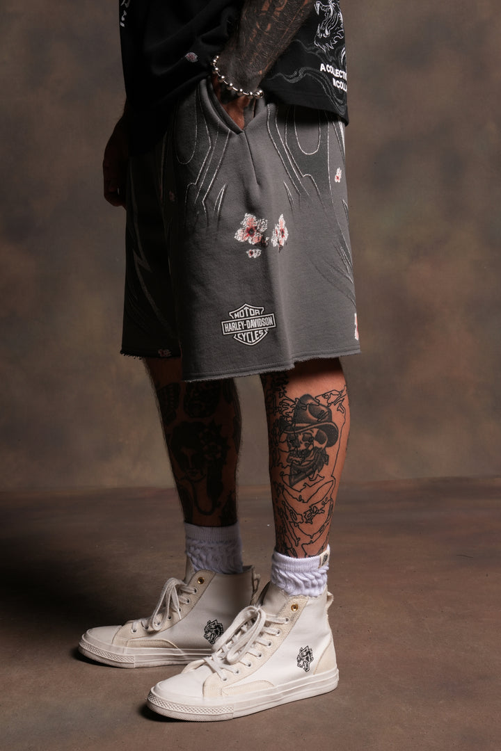 Iron Sakura Grunge Oversized Raw Hem Post Lounge Sweat Shorts in Slate Gray