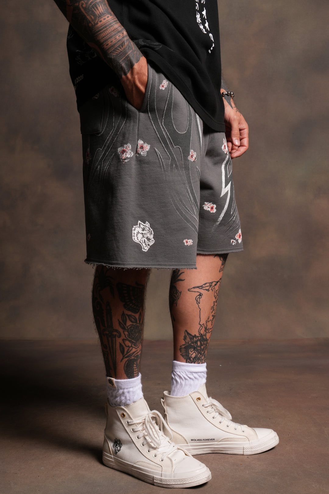 Iron Sakura Grunge Oversized Raw Hem Post Lounge Sweat Shorts in Slate Gray