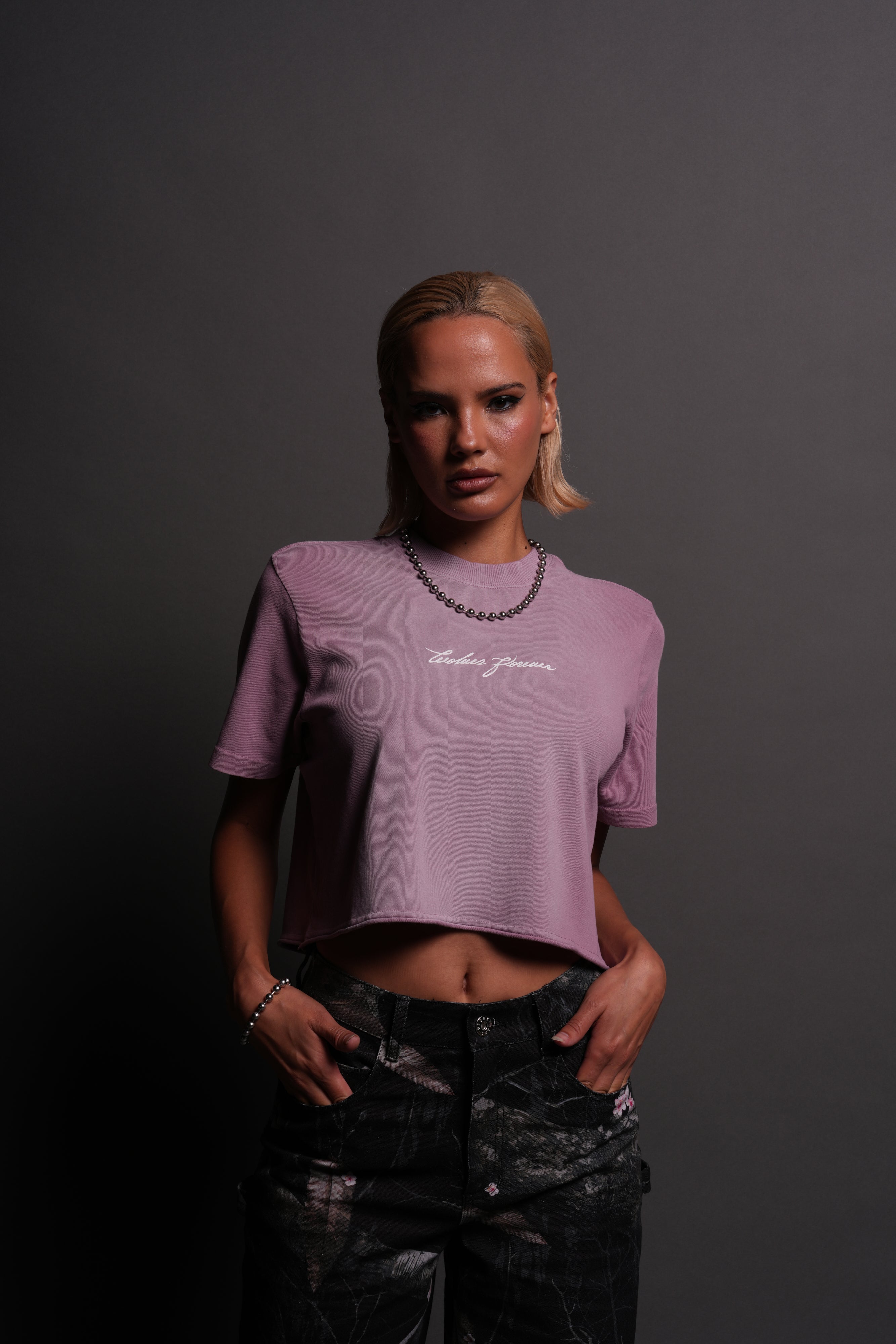 Our Script "Premium" (Cropped) Tee in Pink Smoke Spine Sun Fade