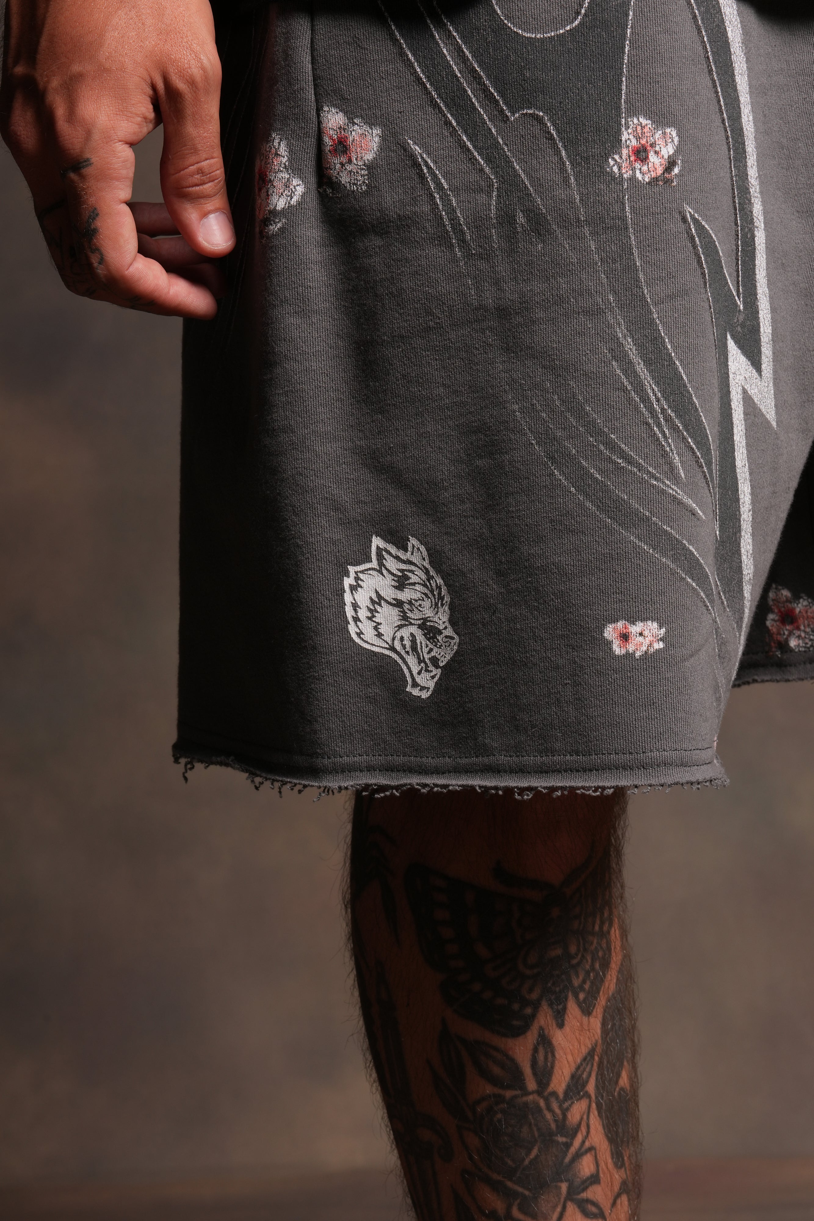 Iron Sakura Grunge Oversized Raw Hem Post Lounge Sweat Shorts in Slate Gray