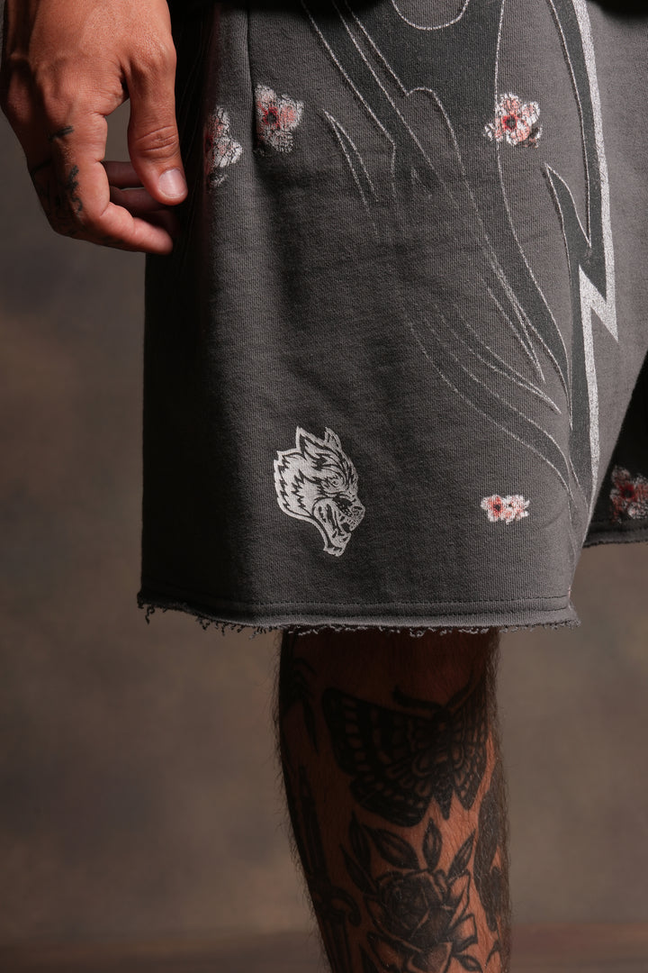 Iron Sakura Grunge Oversized Raw Hem Post Lounge Sweat Shorts in Slate Gray