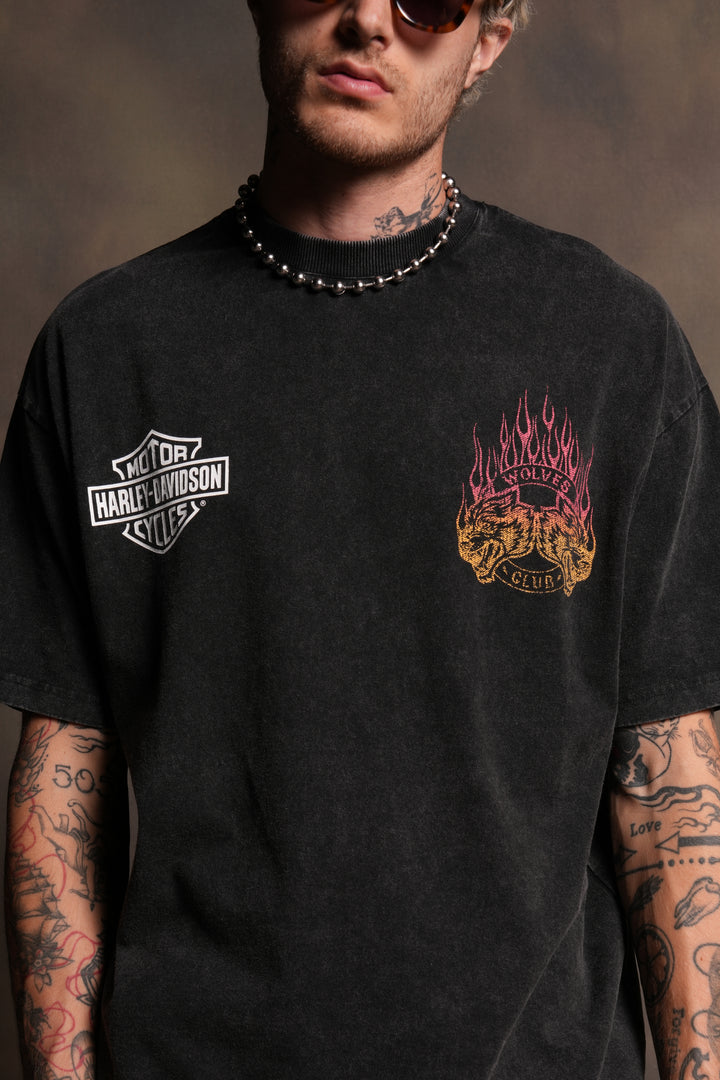 Rising Sun Grunge Mid Length Raw Hem Tee in Washed Black