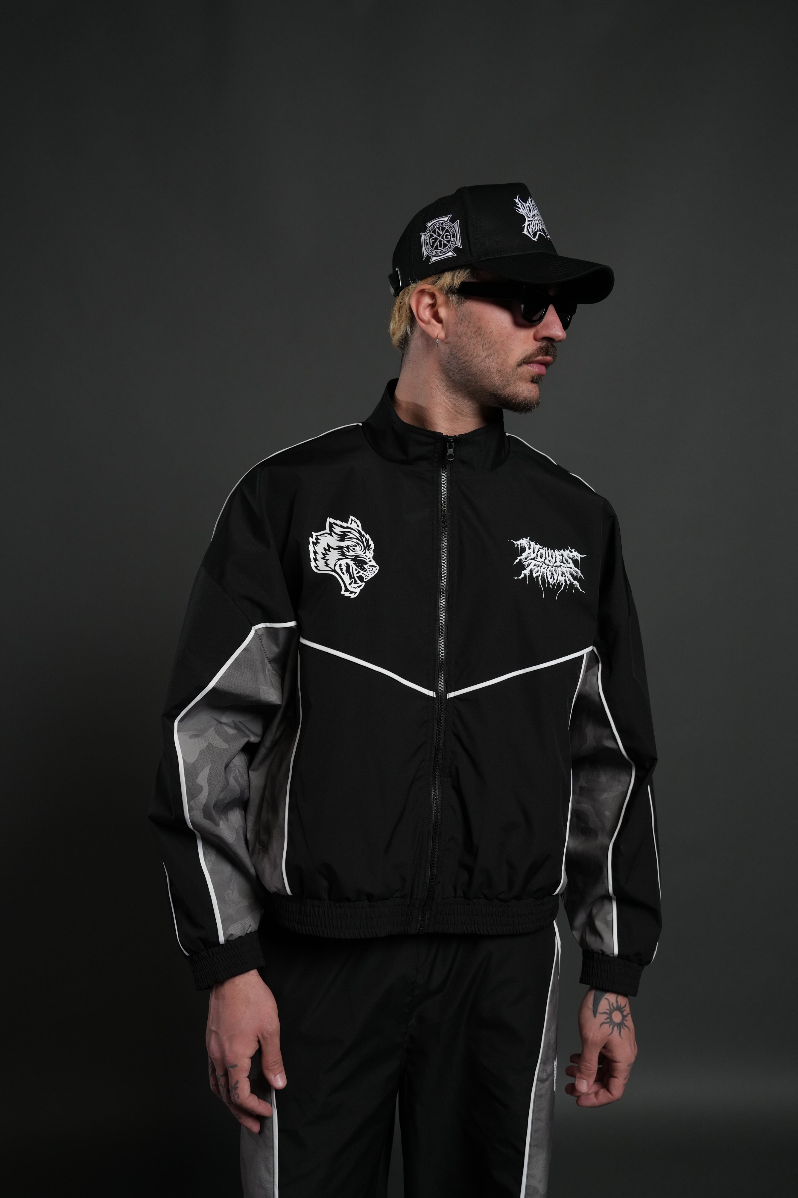 Drip Hesh Quinn Track Jacket in Black/Lush Vintage Woodland Camo