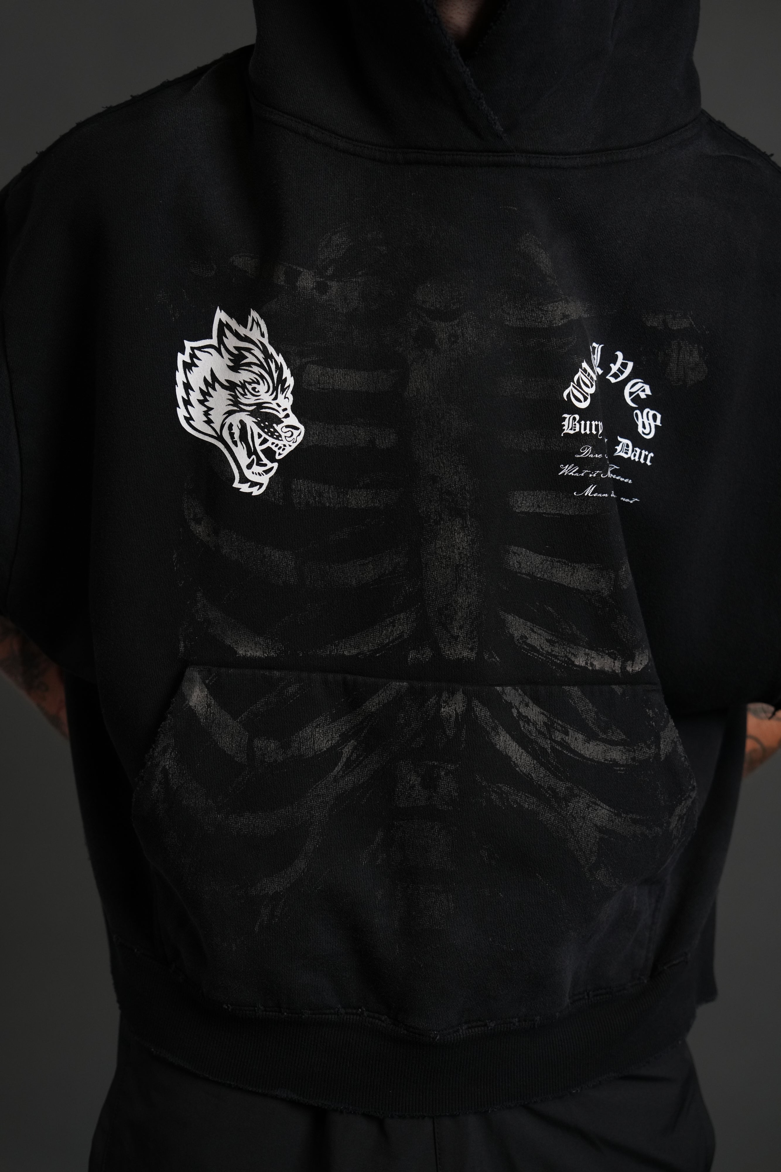 Bones Destroyed Grunge Gage Cap Sleeve Hoodie in Black Drift Wash