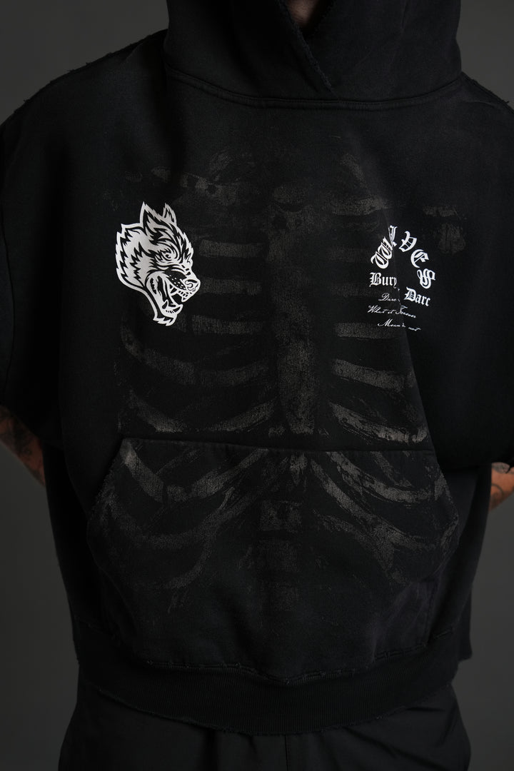 Bones Destroyed Grunge Gage Cap Sleeve Hoodie in Black Drift Wash
