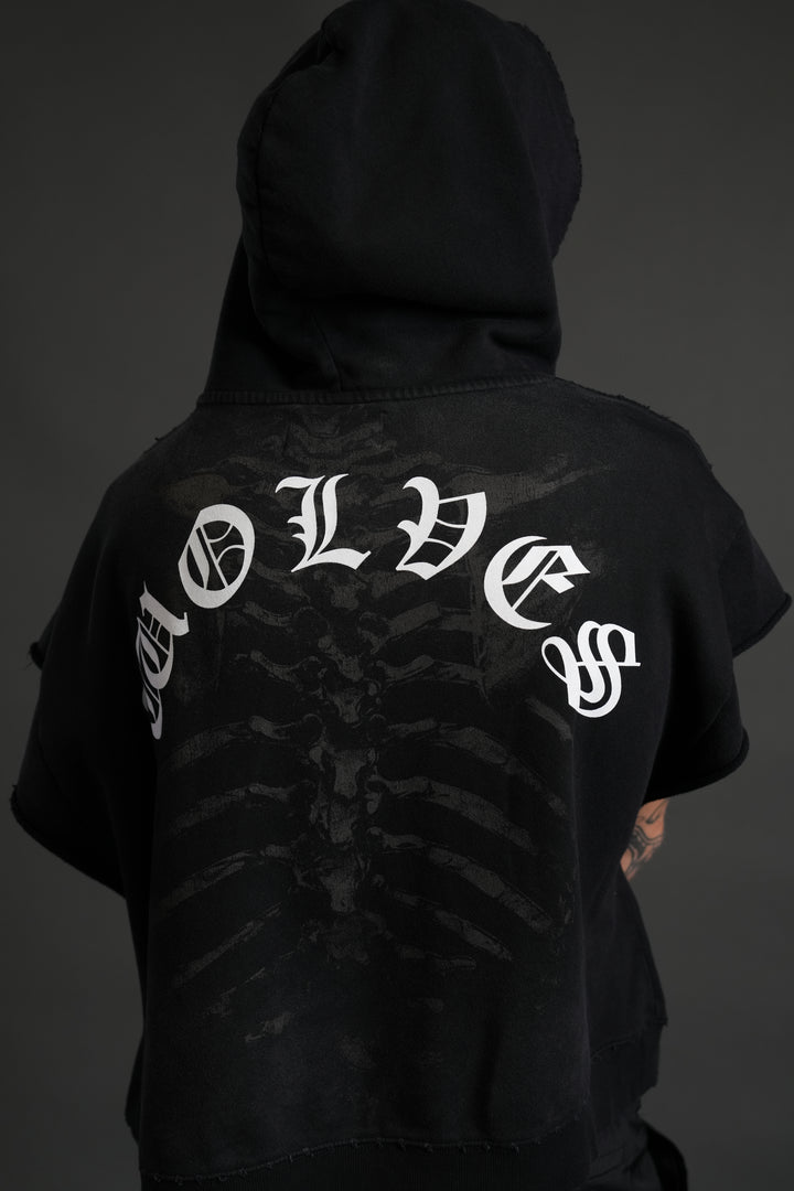 Bones Destroyed Grunge Gage Cap Sleeve Hoodie in Black Drift Wash