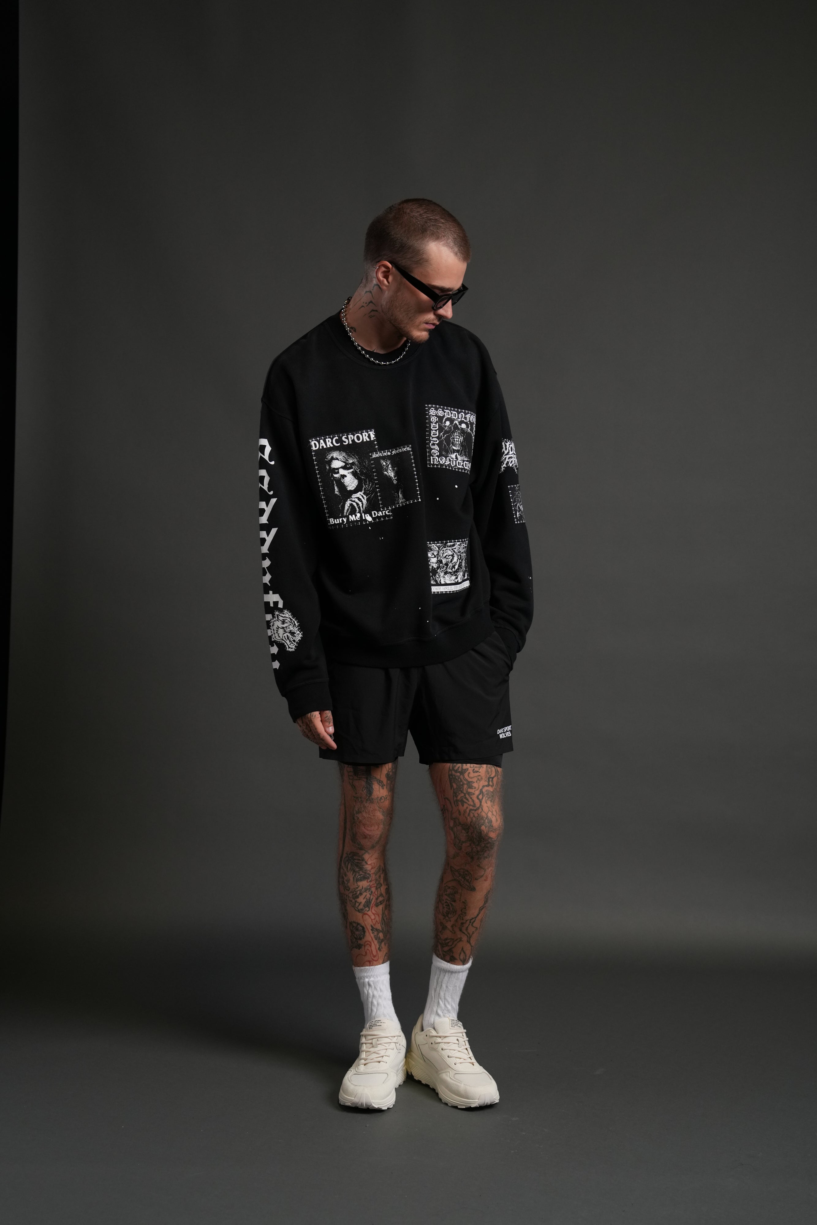 Stitched In London Unisex Crewneck in Black Vandal Wash
